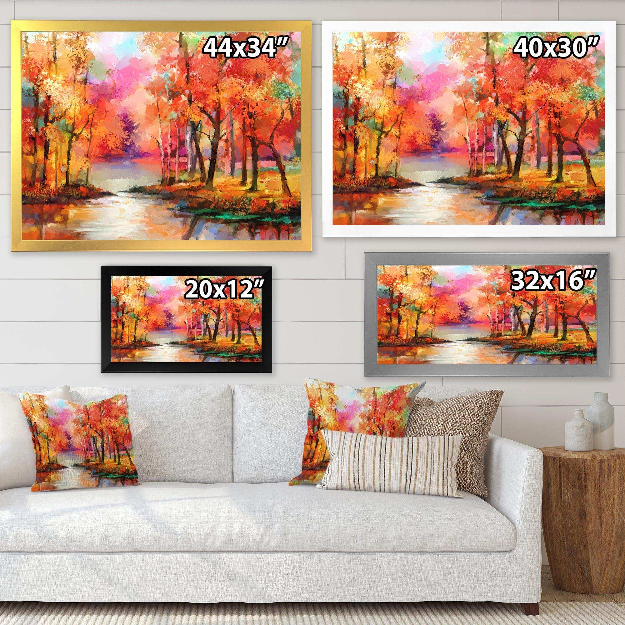 Autumn Aspen Trees In Red Leaf Forest By Lake