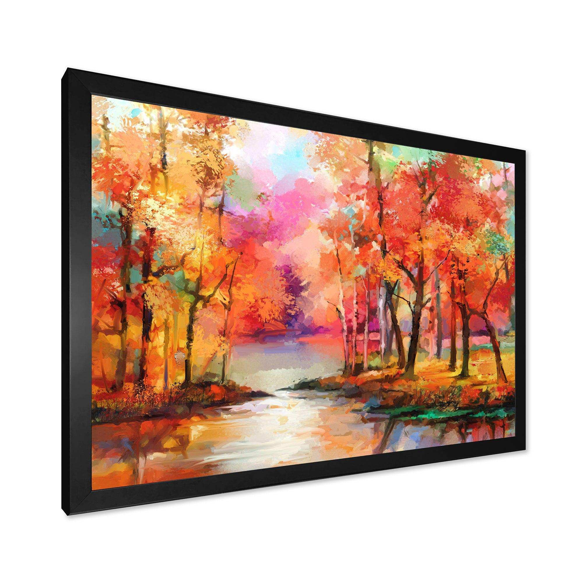 Autumn Aspen Trees In Red Leaf Forest By Lake