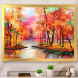 Autumn Aspen Trees In Red Leaf Forest By Lake