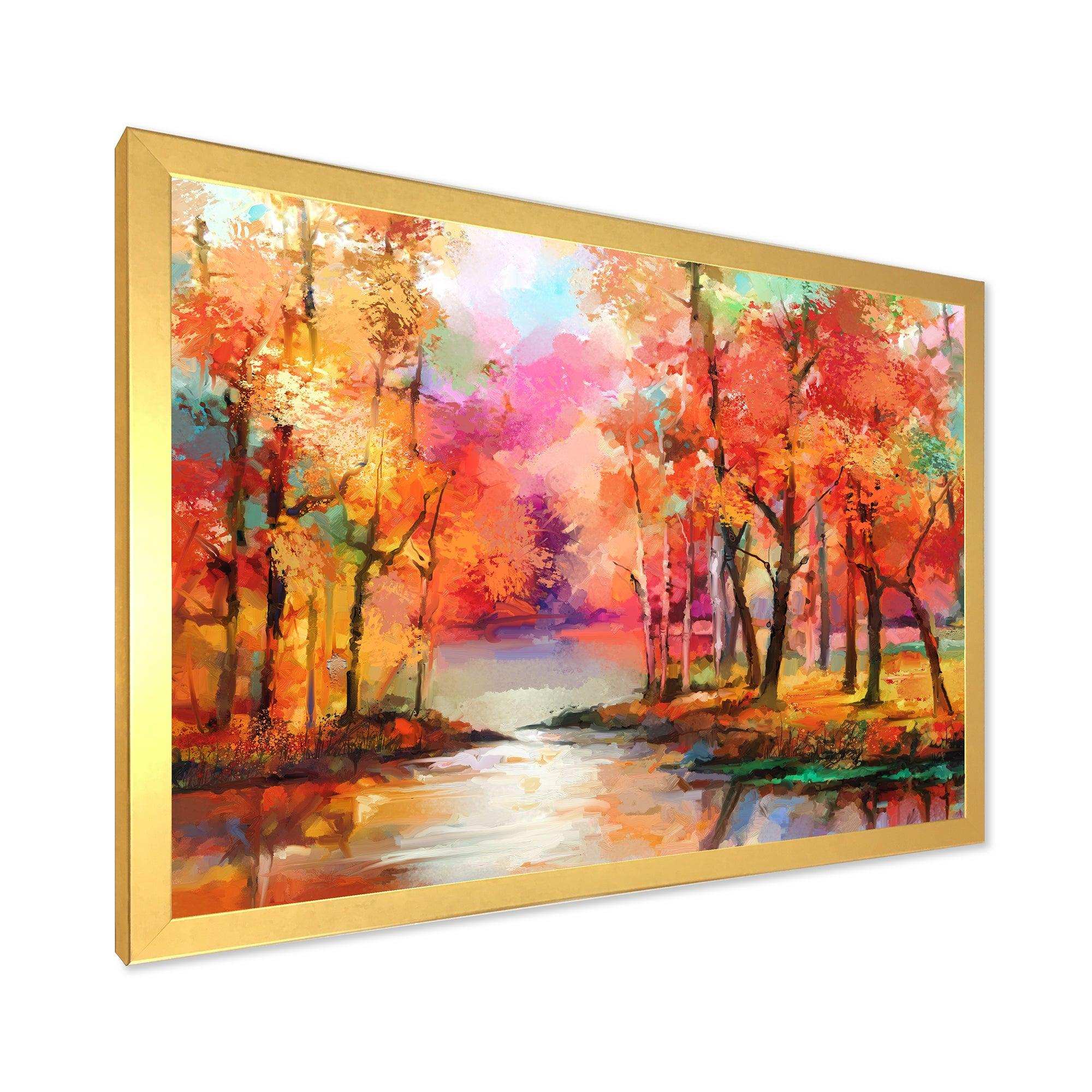 Autumn Aspen Trees In Red Leaf Forest By Lake