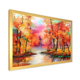 Autumn Aspen Trees In Red Leaf Forest By Lake