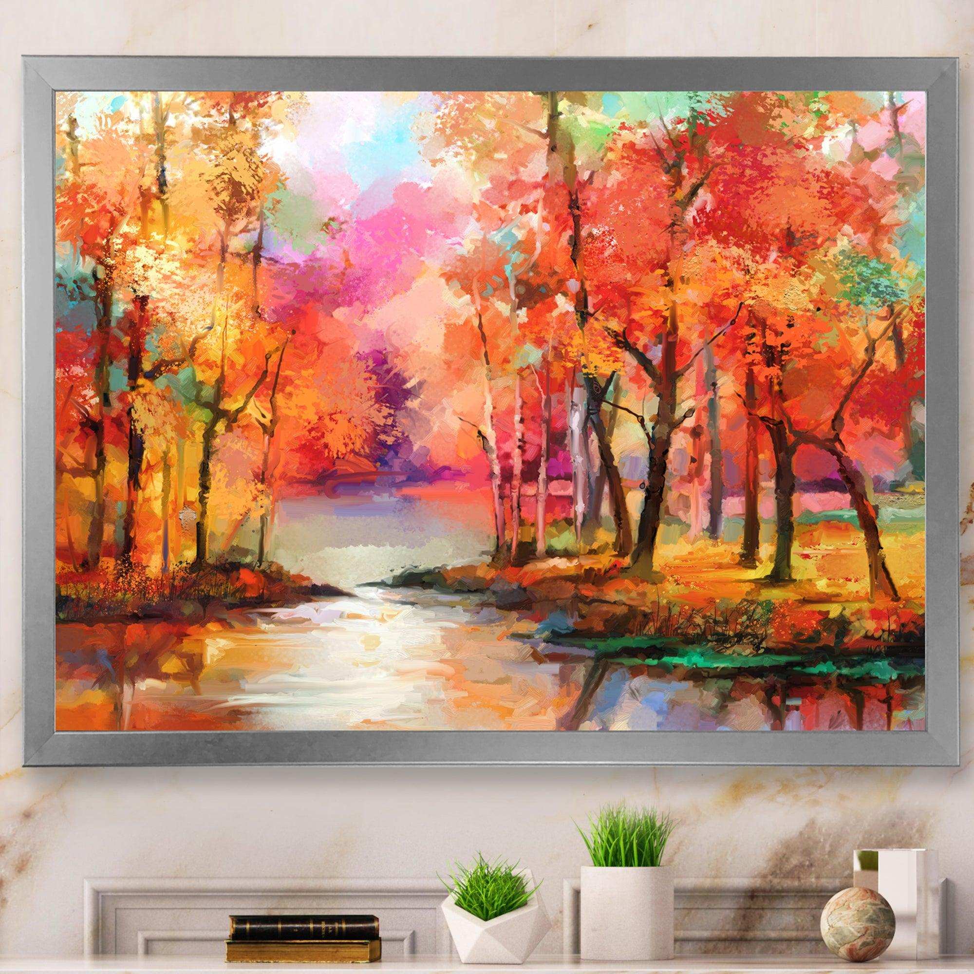 Autumn Aspen Trees In Red Leaf Forest By Lake