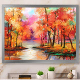 Autumn Aspen Trees In Red Leaf Forest By Lake