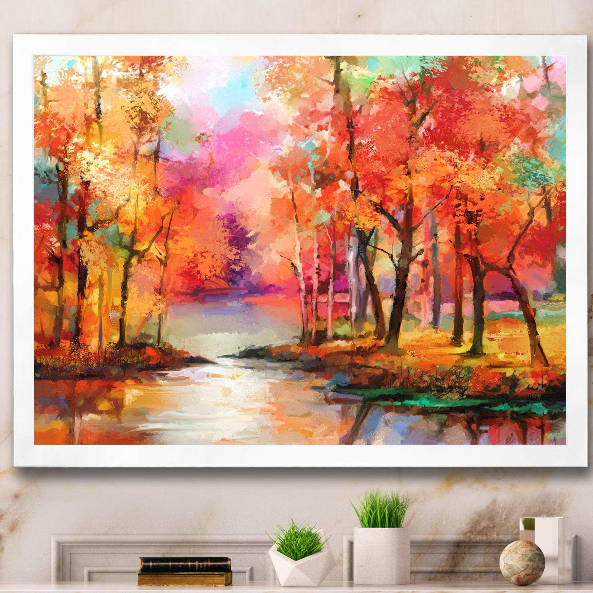 Autumn Aspen Trees In Red Leaf Forest By Lake