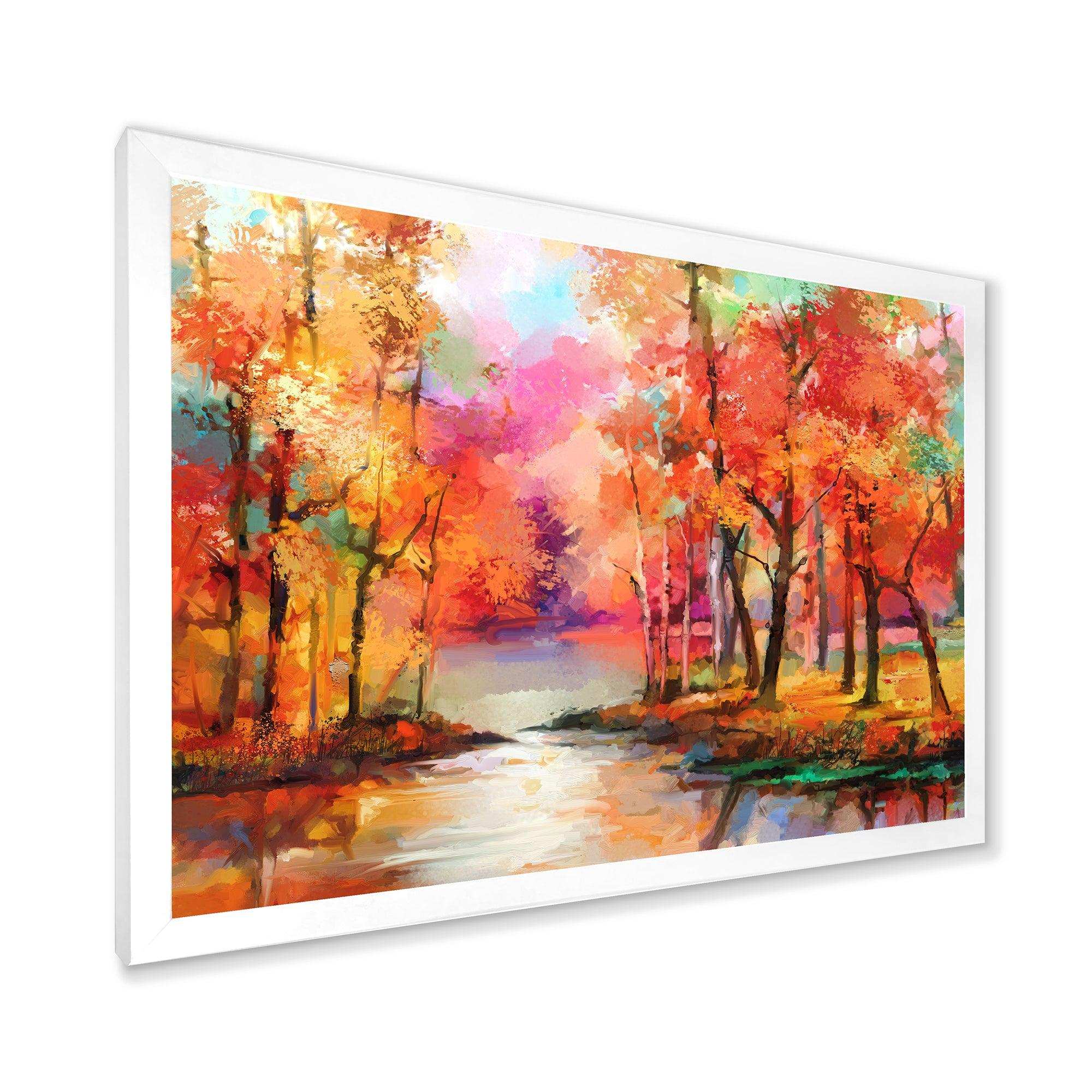 Autumn Aspen Trees In Red Leaf Forest By Lake