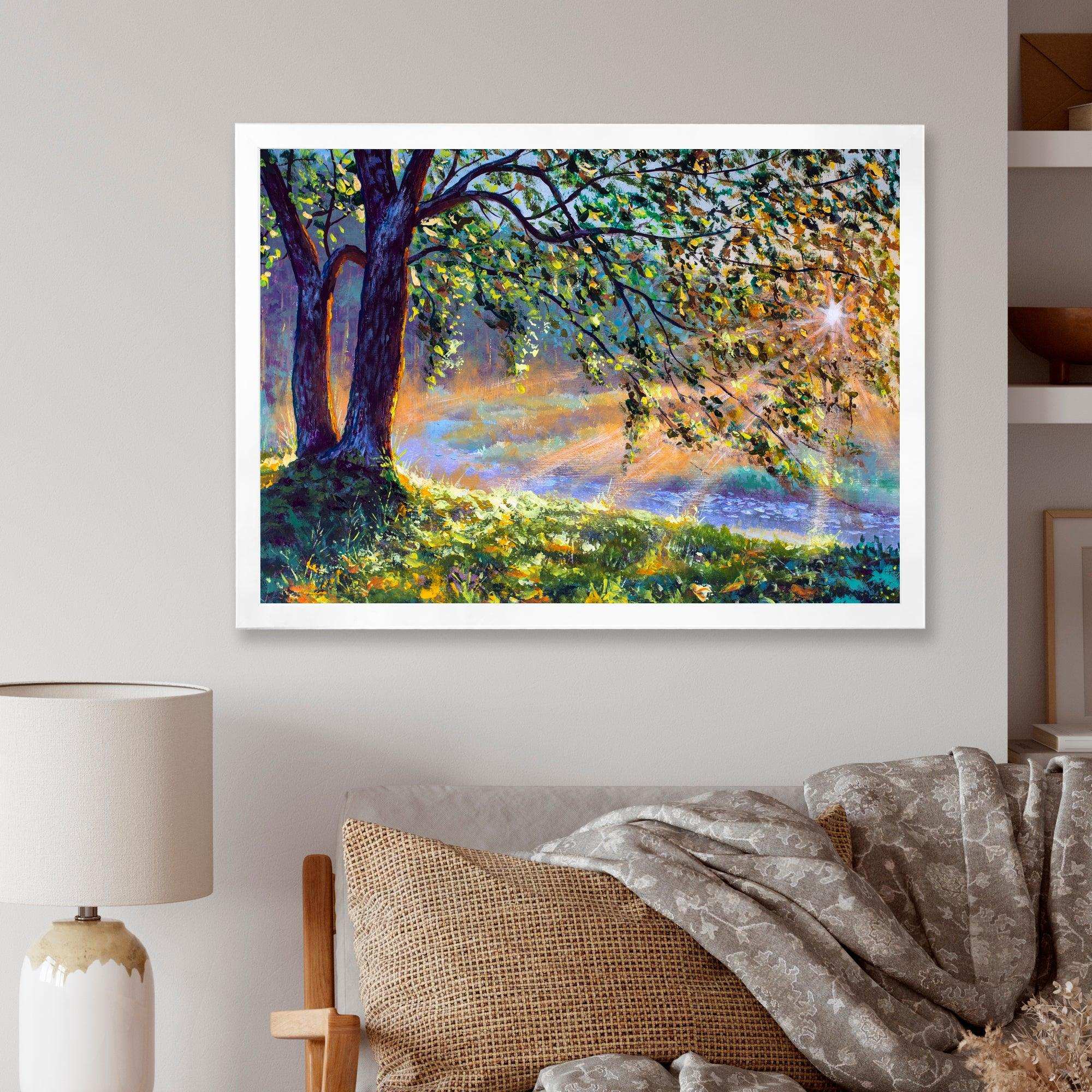 Tree By River First Rays Of Afternoon Sun