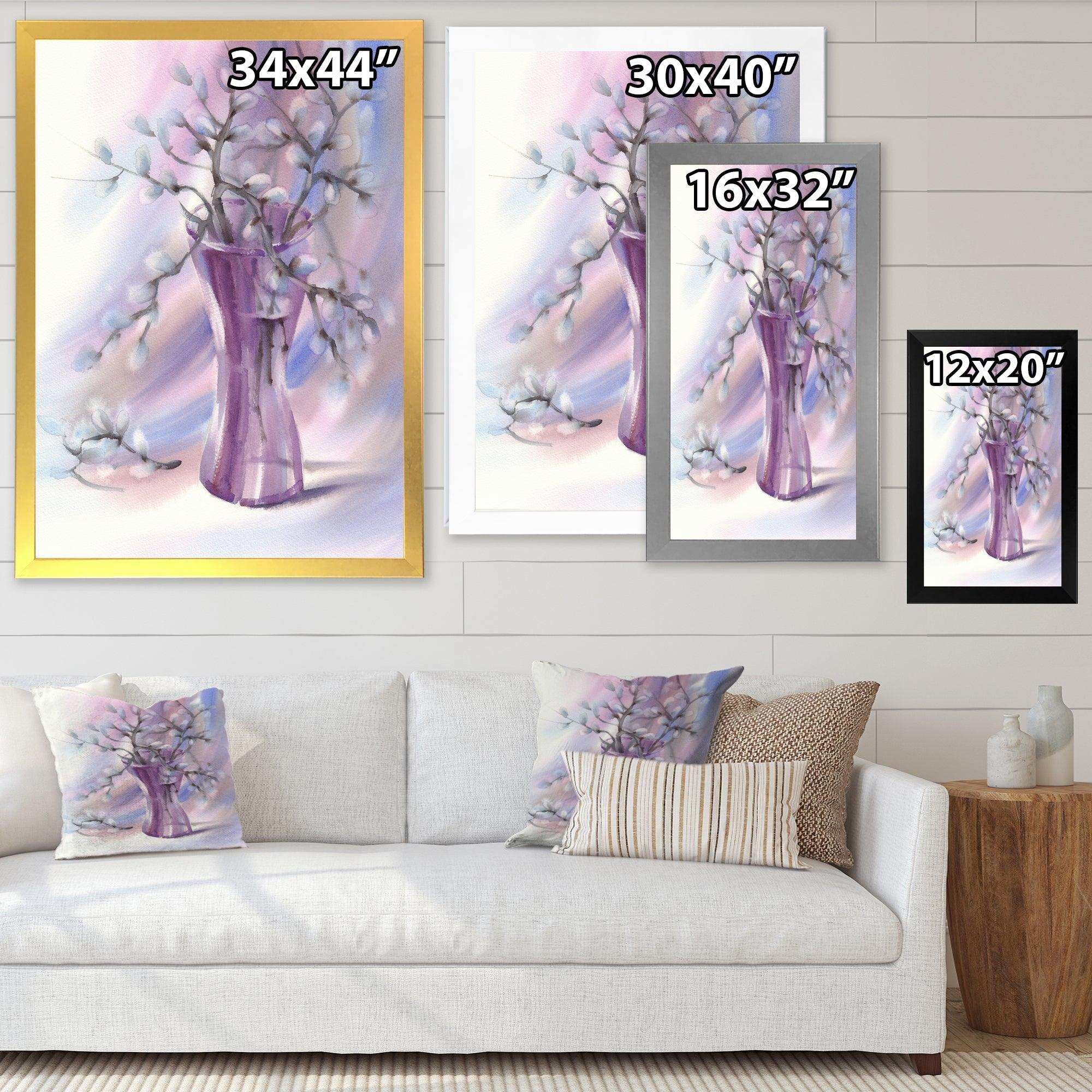 Pussy Willow Branches In Violet Glass Vase