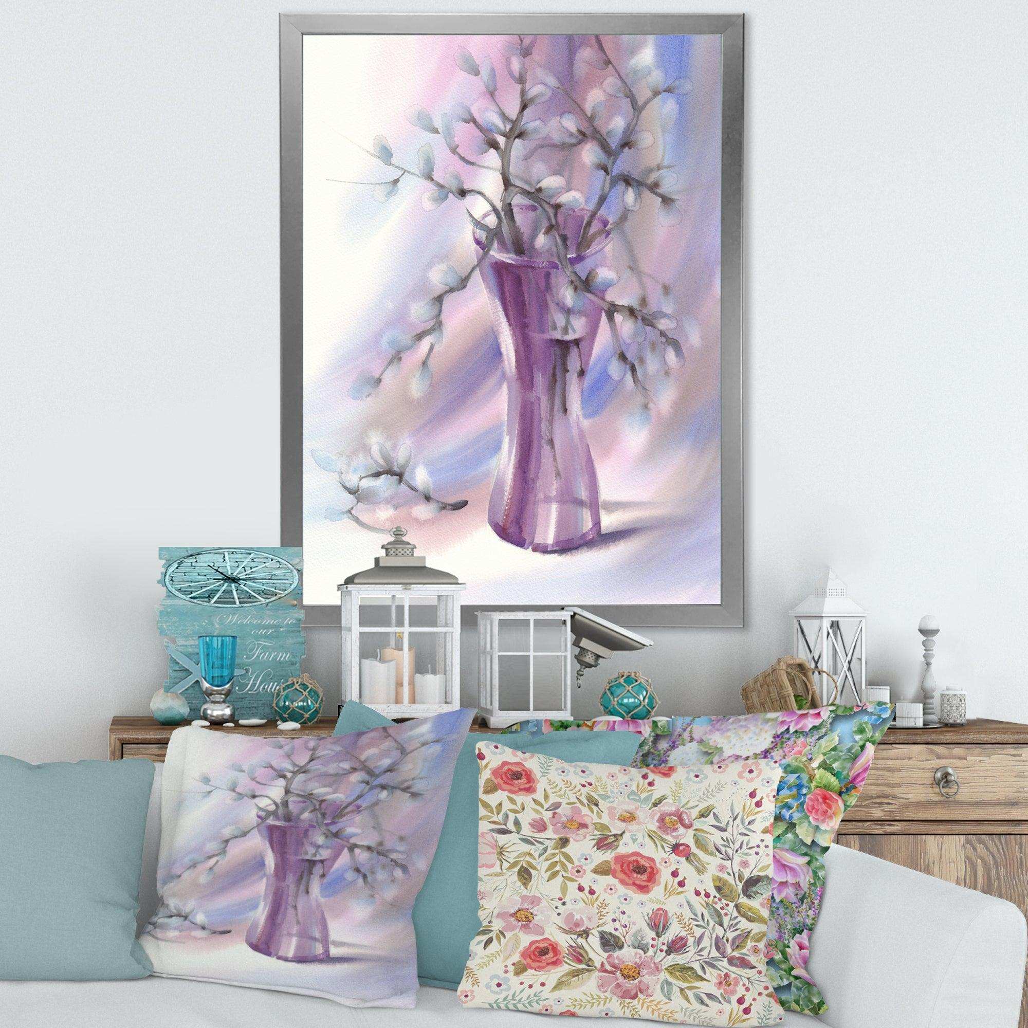 Pussy Willow Branches In Violet Glass Vase