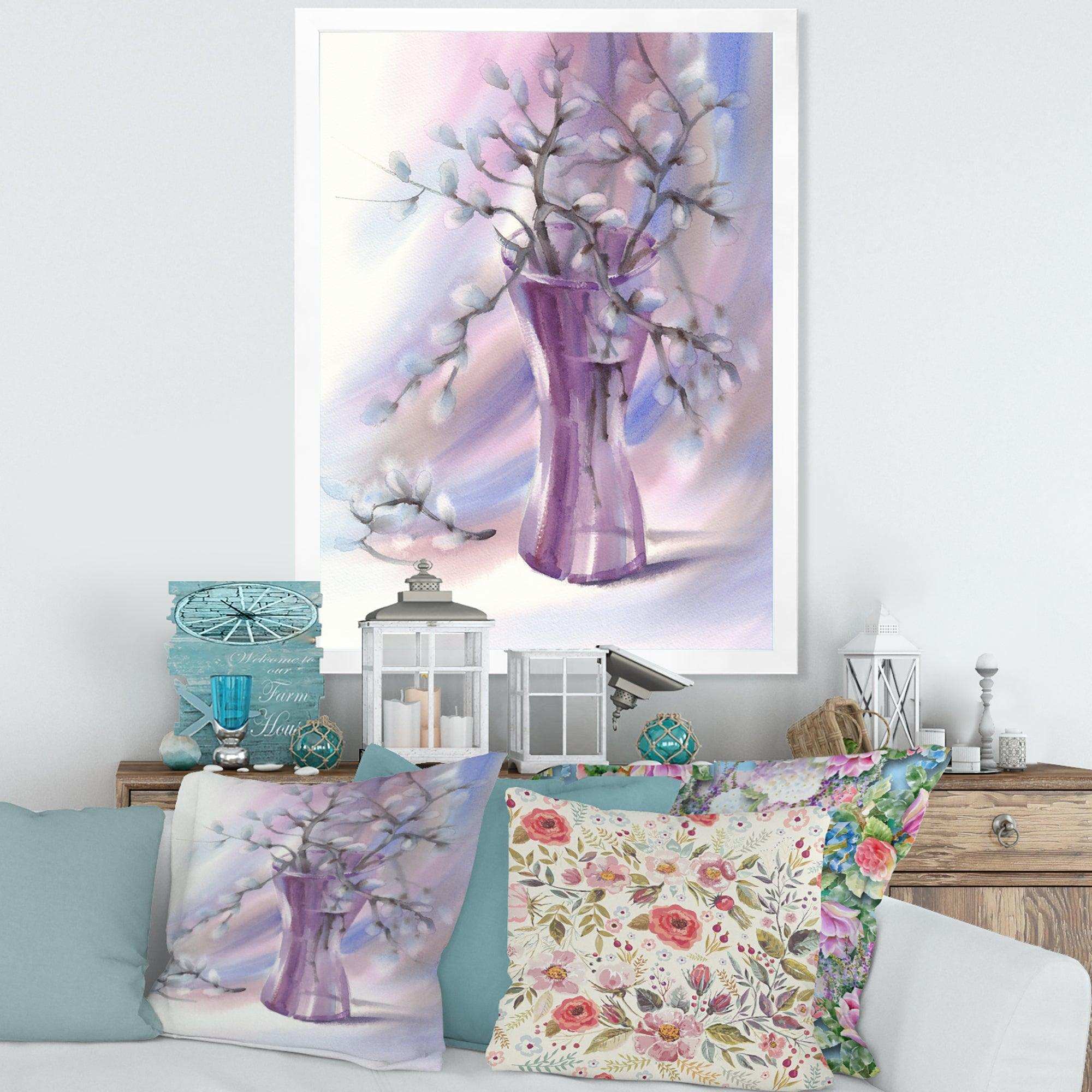 Pussy Willow Branches In Violet Glass Vase