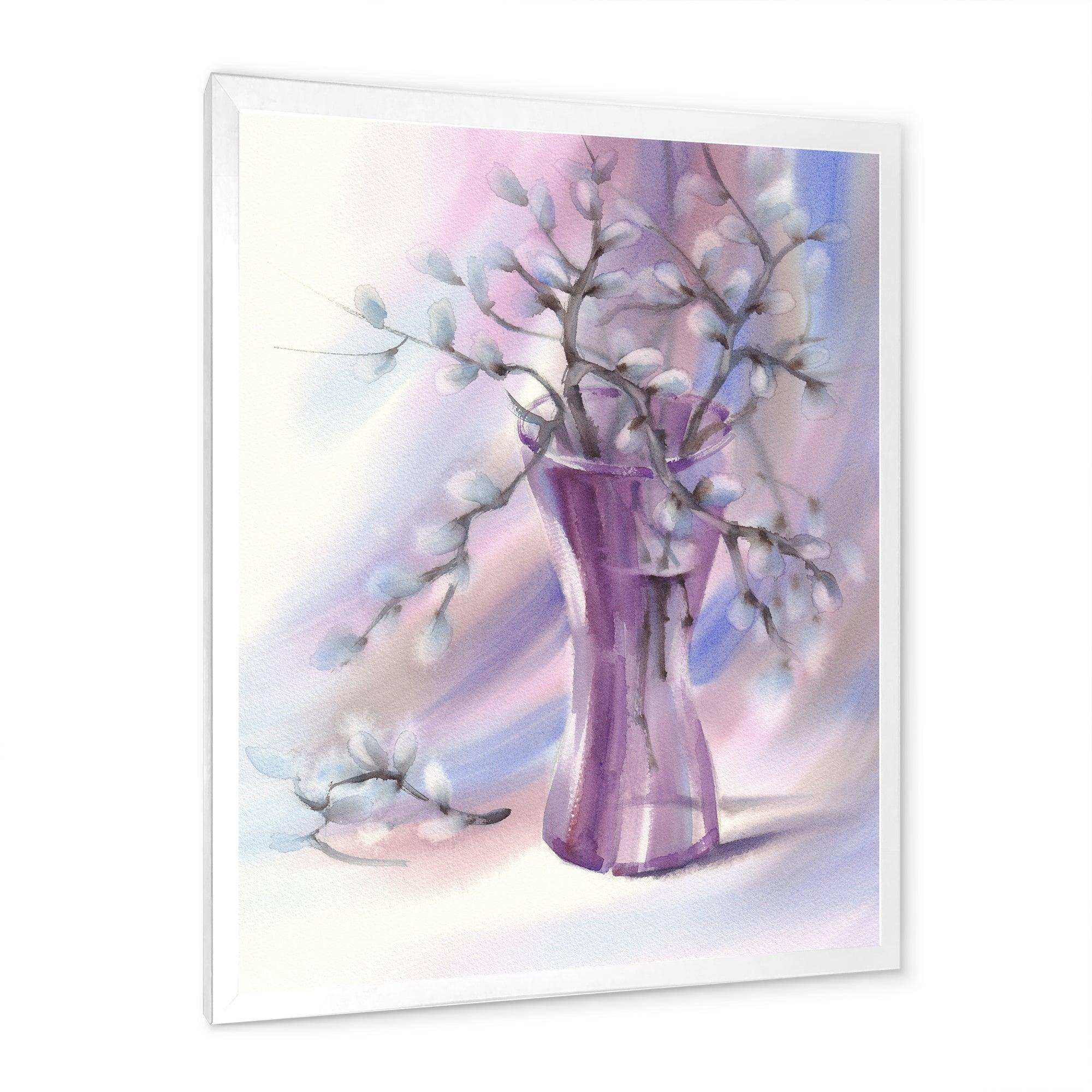 Pussy Willow Branches In Violet Glass Vase