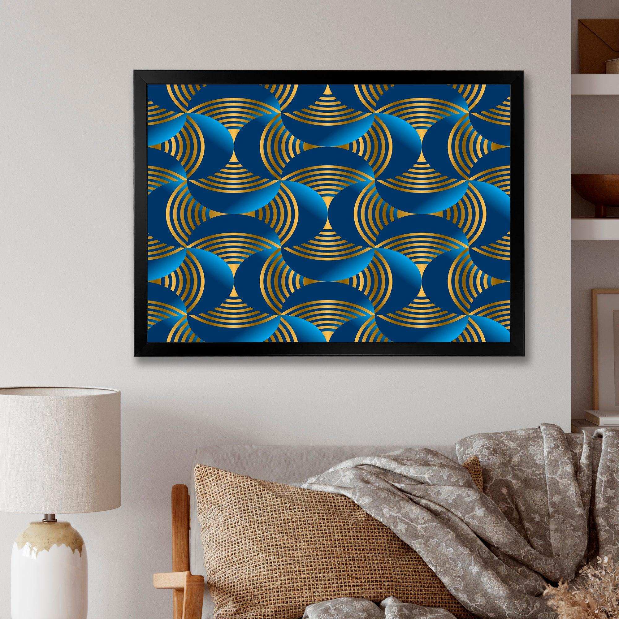 Geometric abstract waves in gold and marine blue