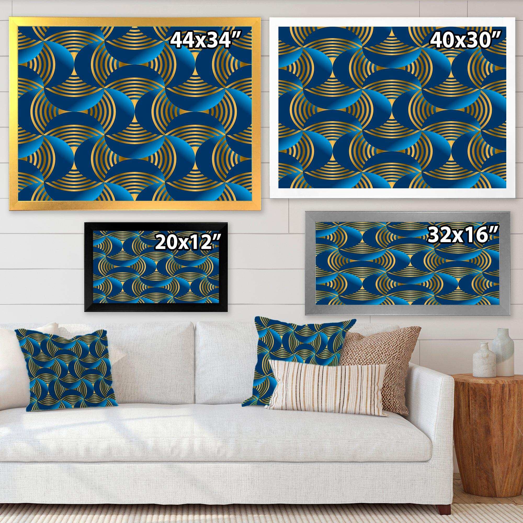 Geometric abstract waves in gold and marine blue