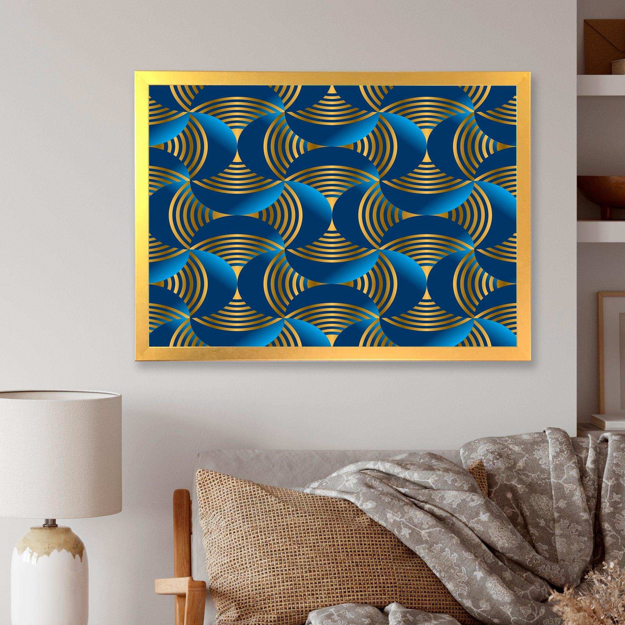 Geometric abstract waves in gold and marine blue