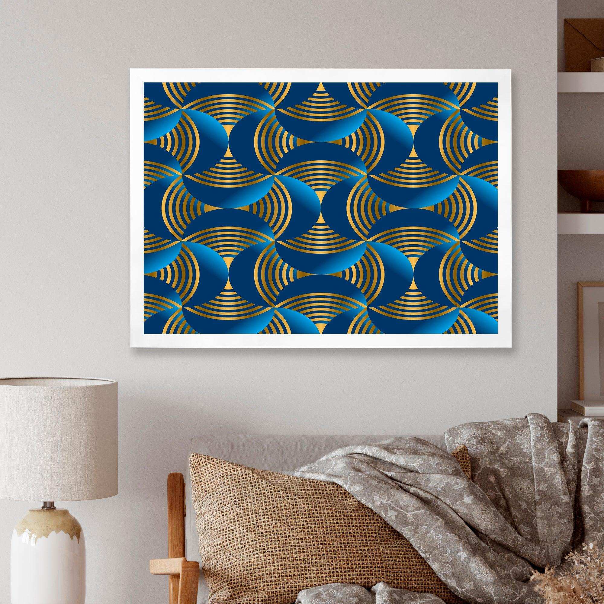 Geometric abstract waves in gold and marine blue