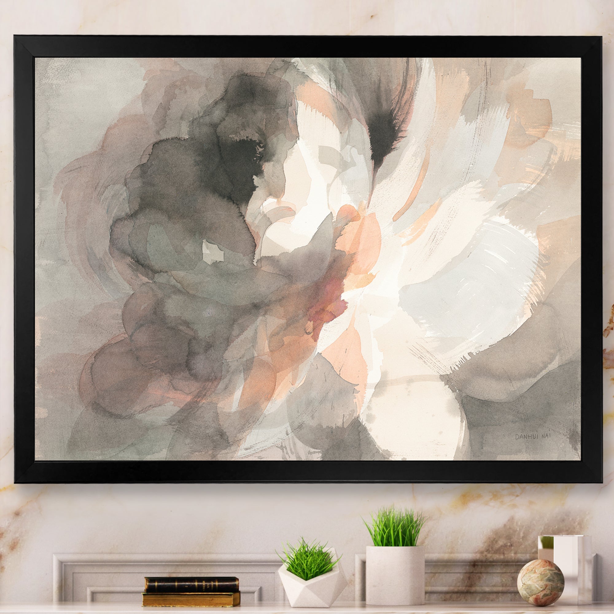 Abstract Peony Grey Framed Print Vibrant Black - 1.5 Width
