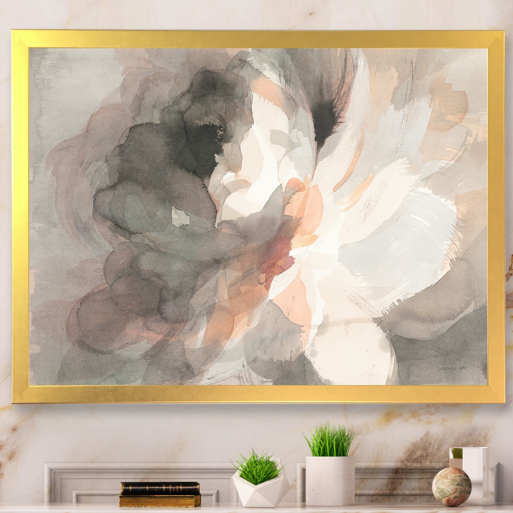 Abstract Peony Grey Framed Print Vibrant Gold - 1.5 Width