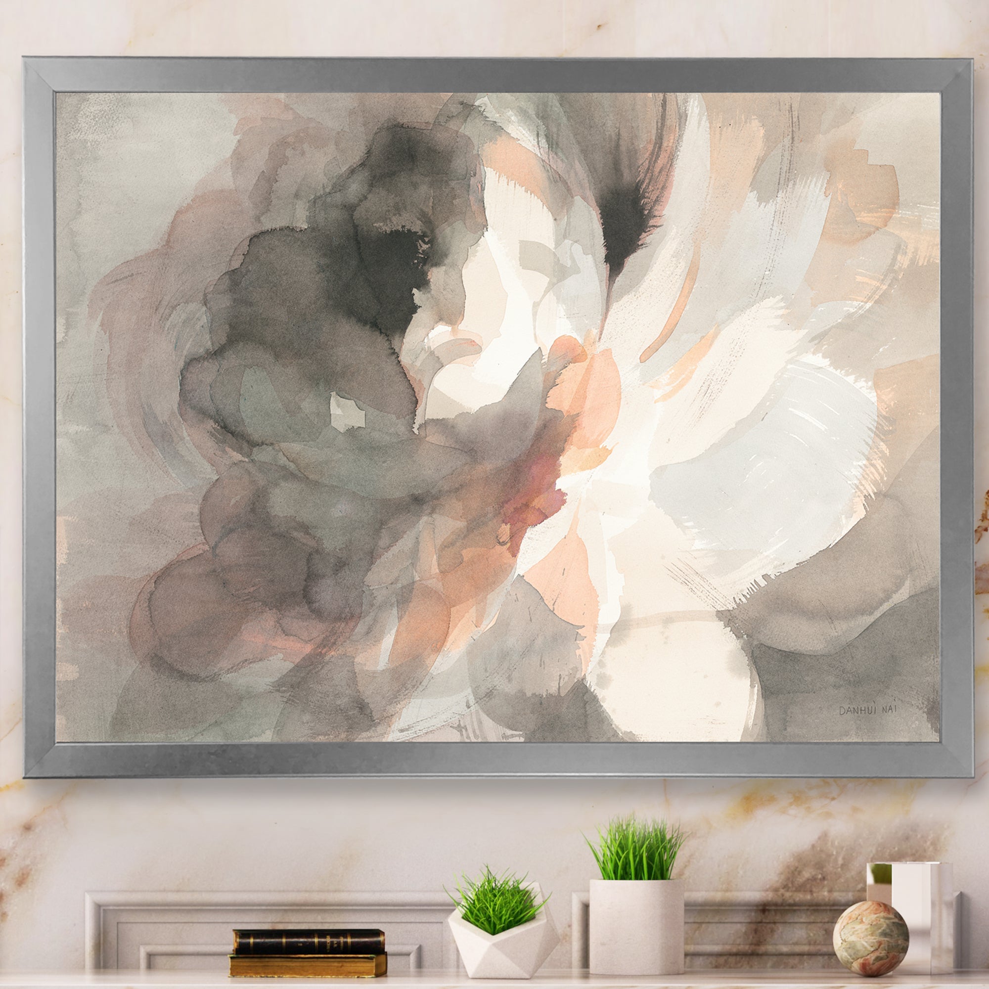 Abstract Peony Grey Framed Print Matte White - 1.5 Width