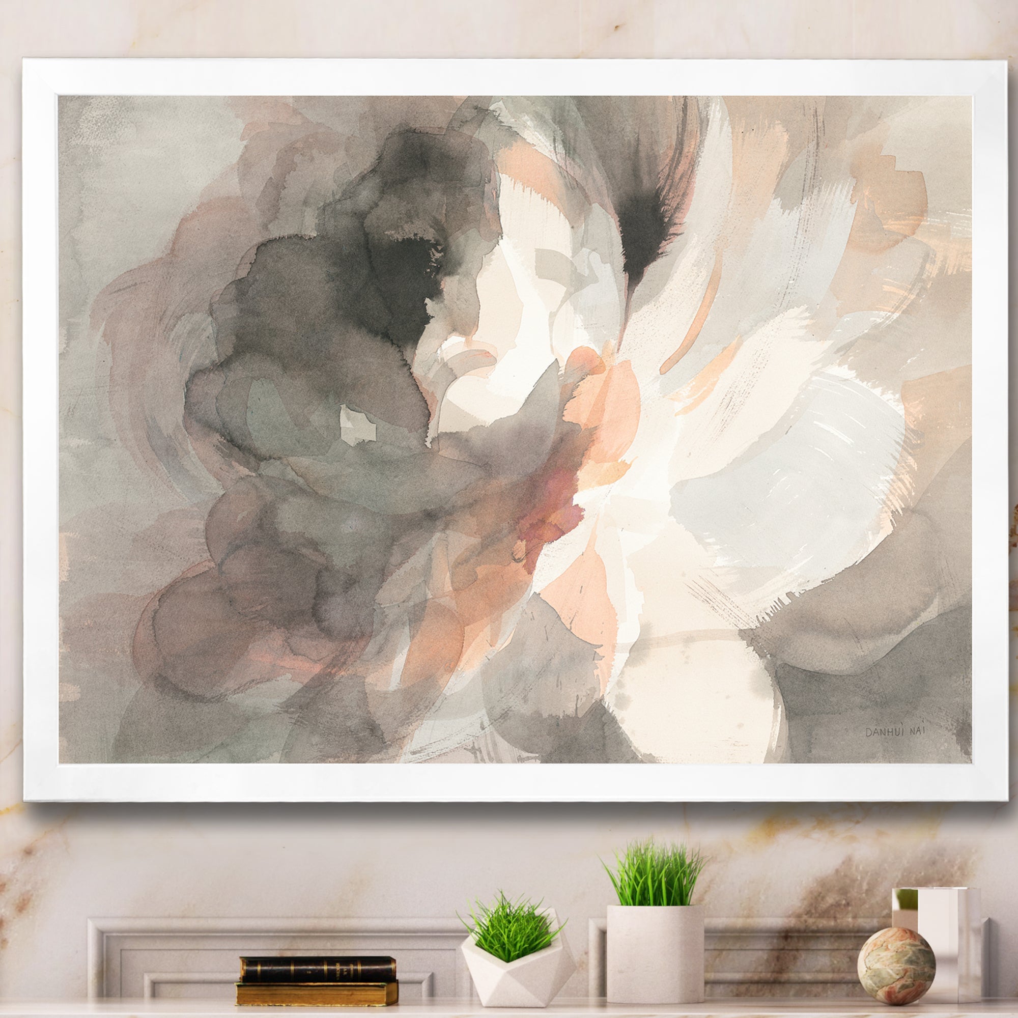 Abstract Peony Grey Framed Print Matte White - 1.5 Width