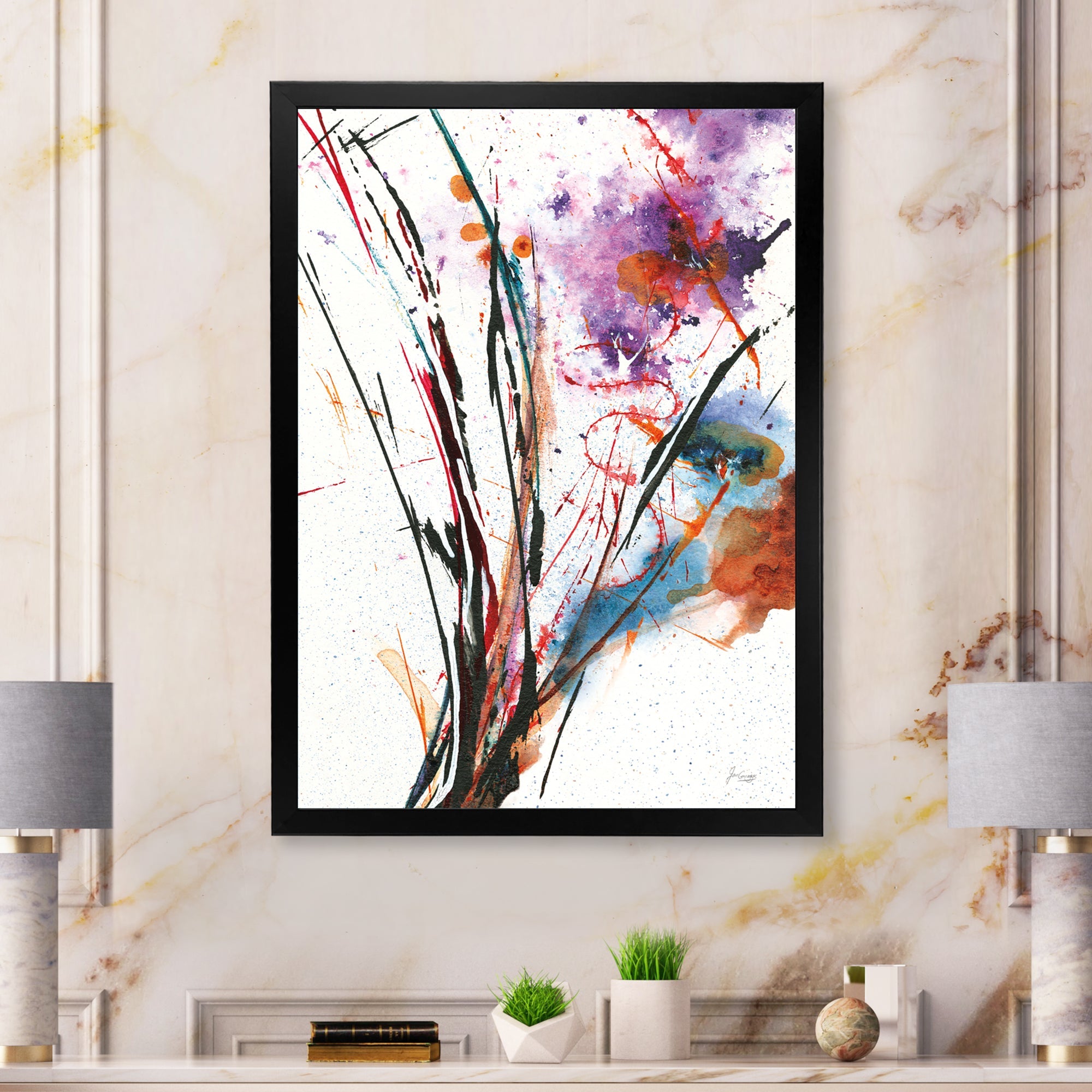 Abstract Purple and Blue Flowers Framed Print Vibrant Black - 1.5 Width