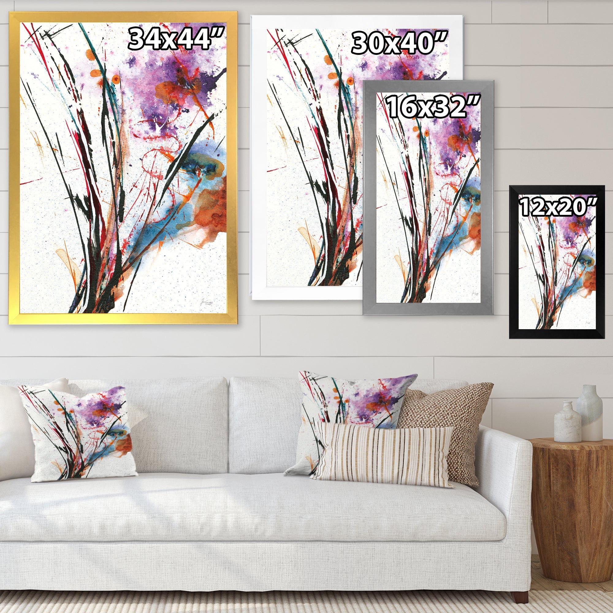 Abstract Purple and Blue Flowers Framed Print Matte White - 1.5 Width