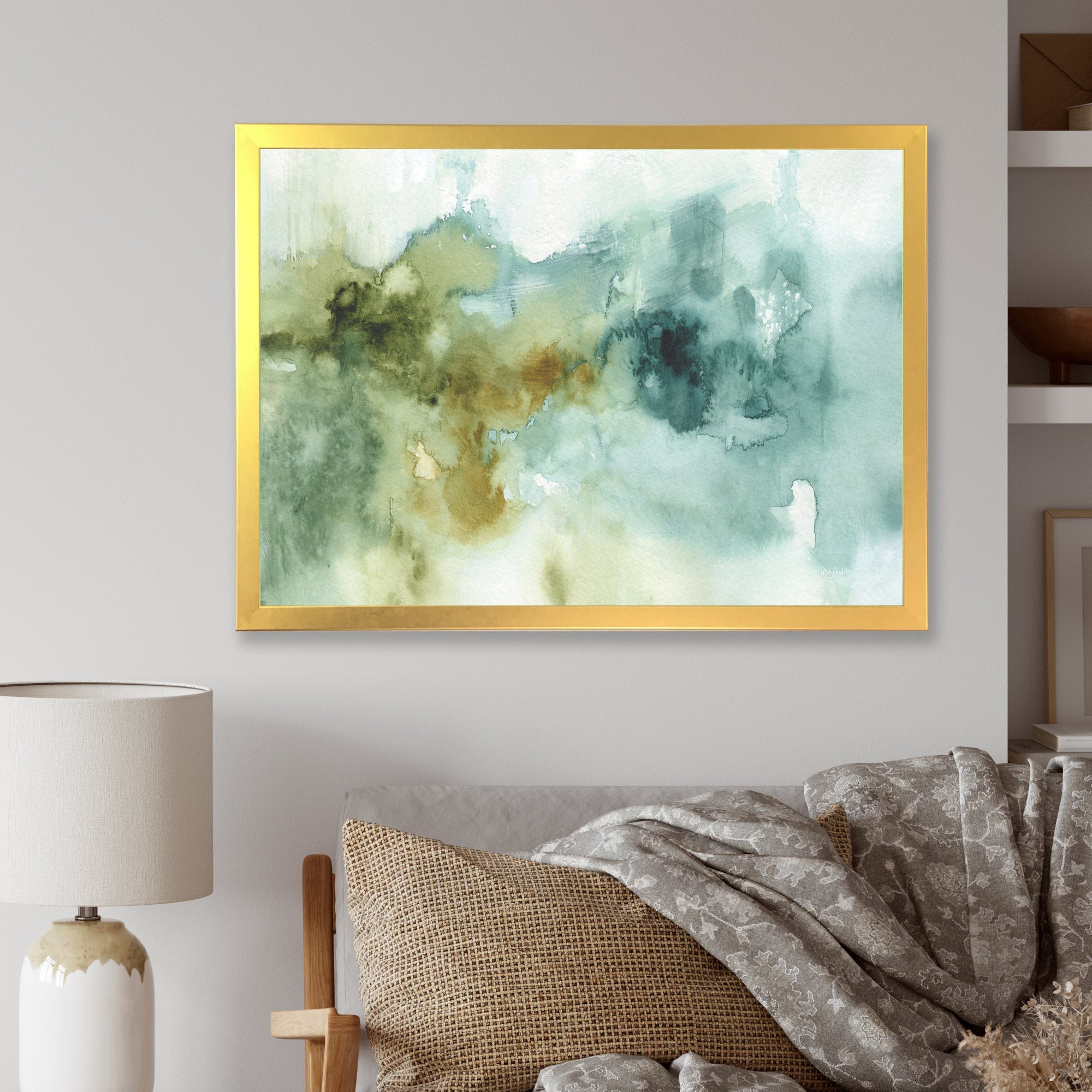 Abstract Watercolor Green House Framed Print Vibrant Gold - 1.5 Width