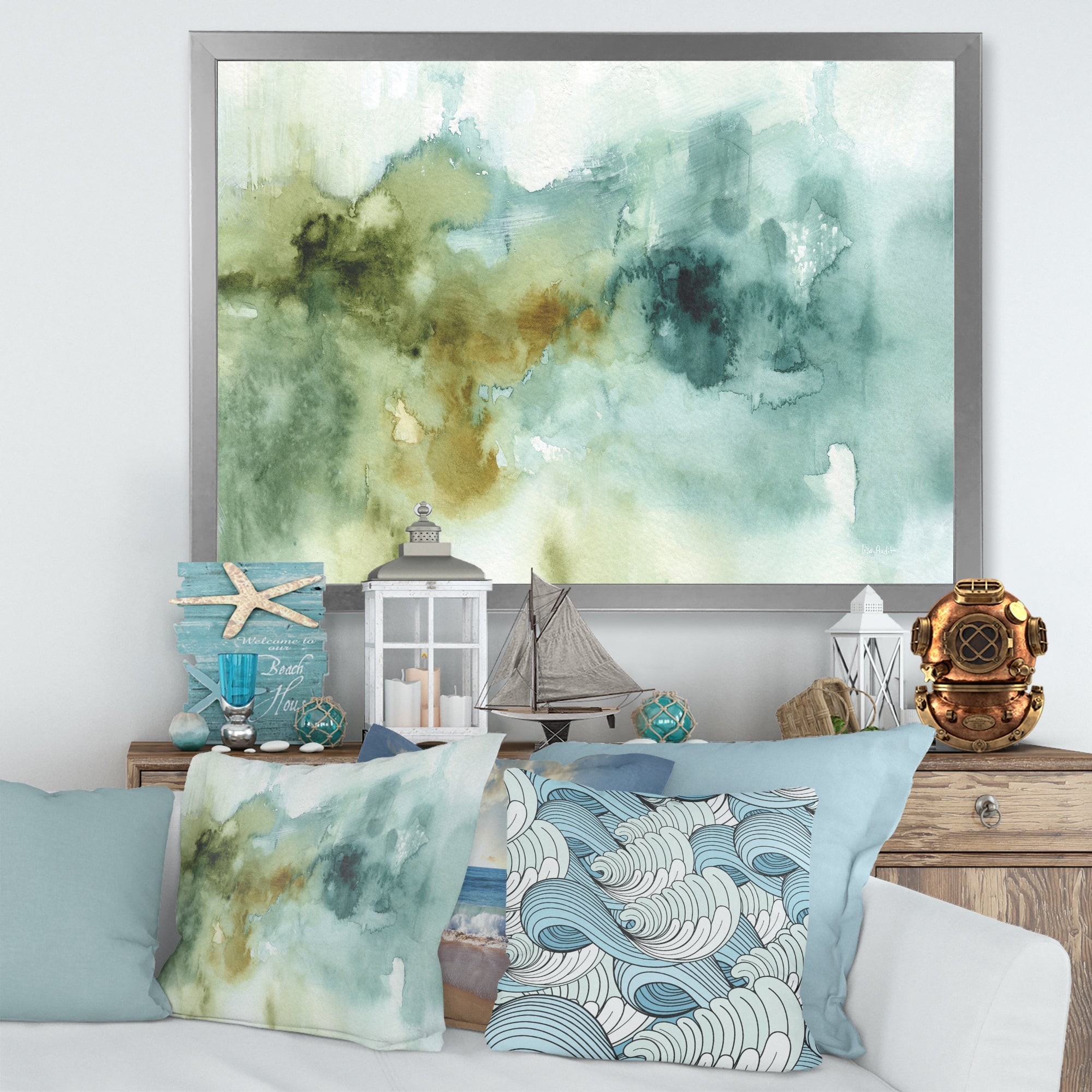 Abstract Watercolor Green House Framed Print Matte White - 1.5 Width