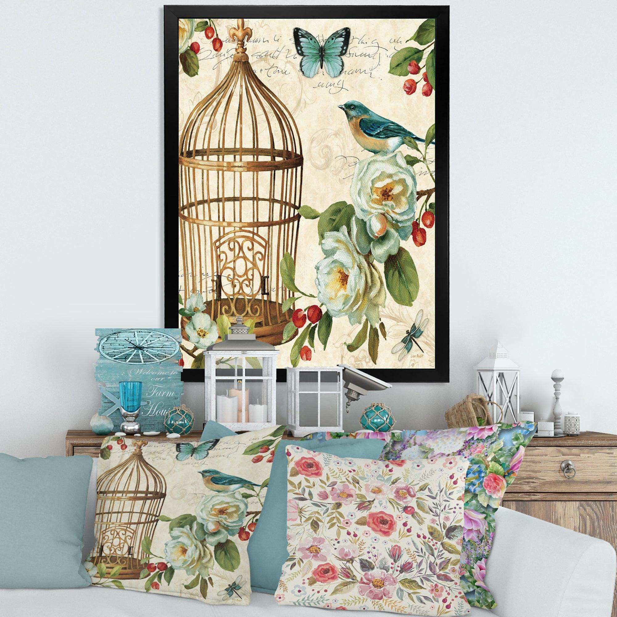 Blue Cottage Bird, Birdcage and Apple Blossoms I