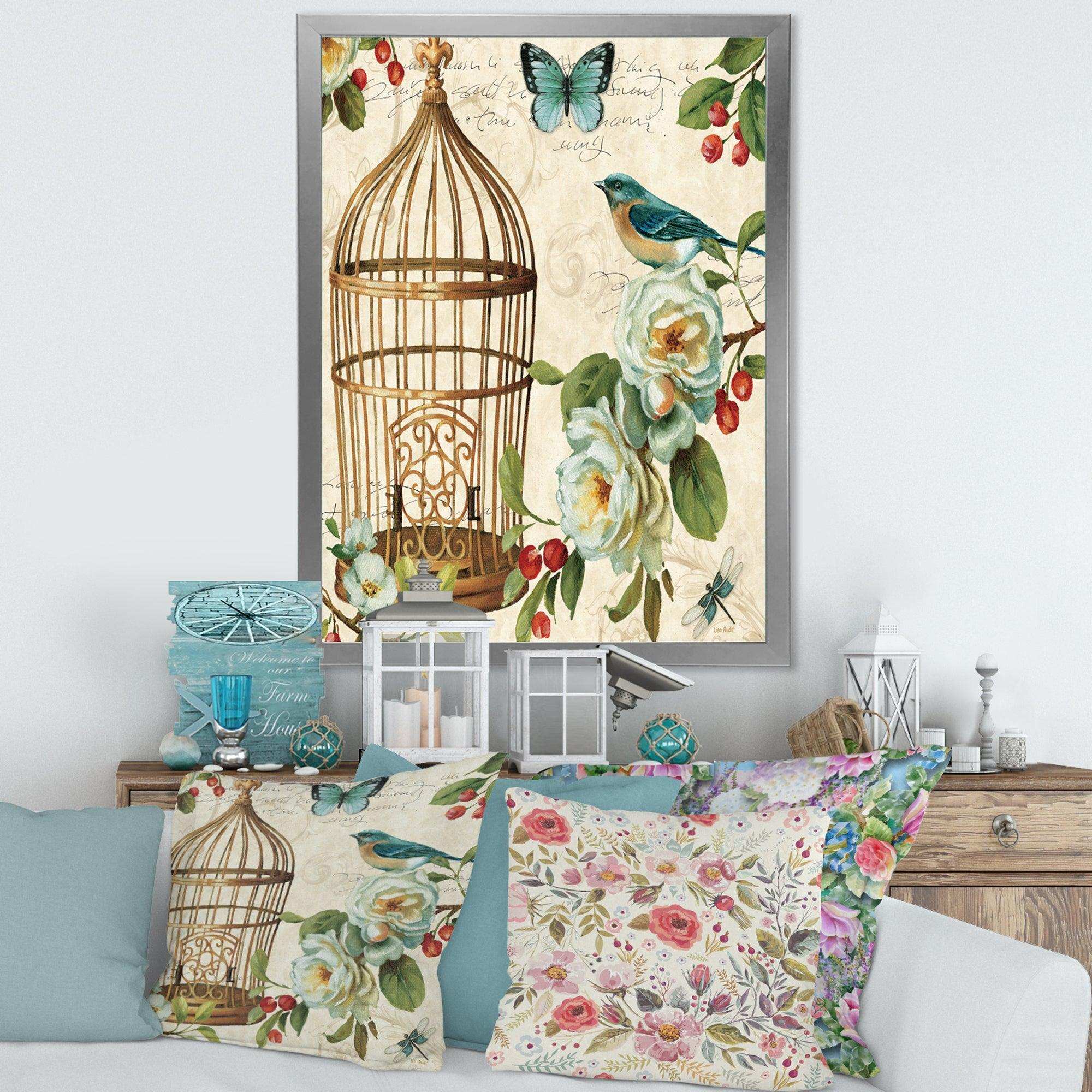 Blue Cottage Bird, Birdcage and Apple Blossoms I