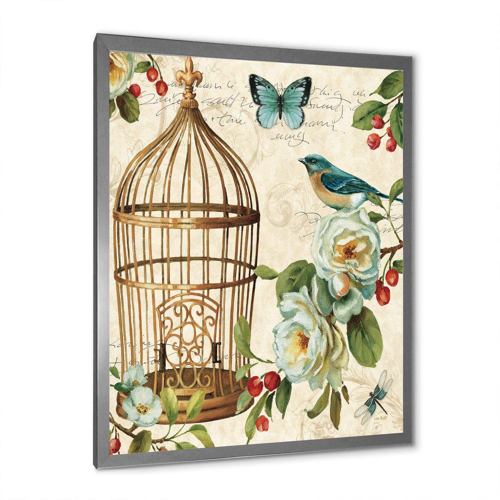 Blue Cottage Bird, Birdcage and Apple Blossoms I