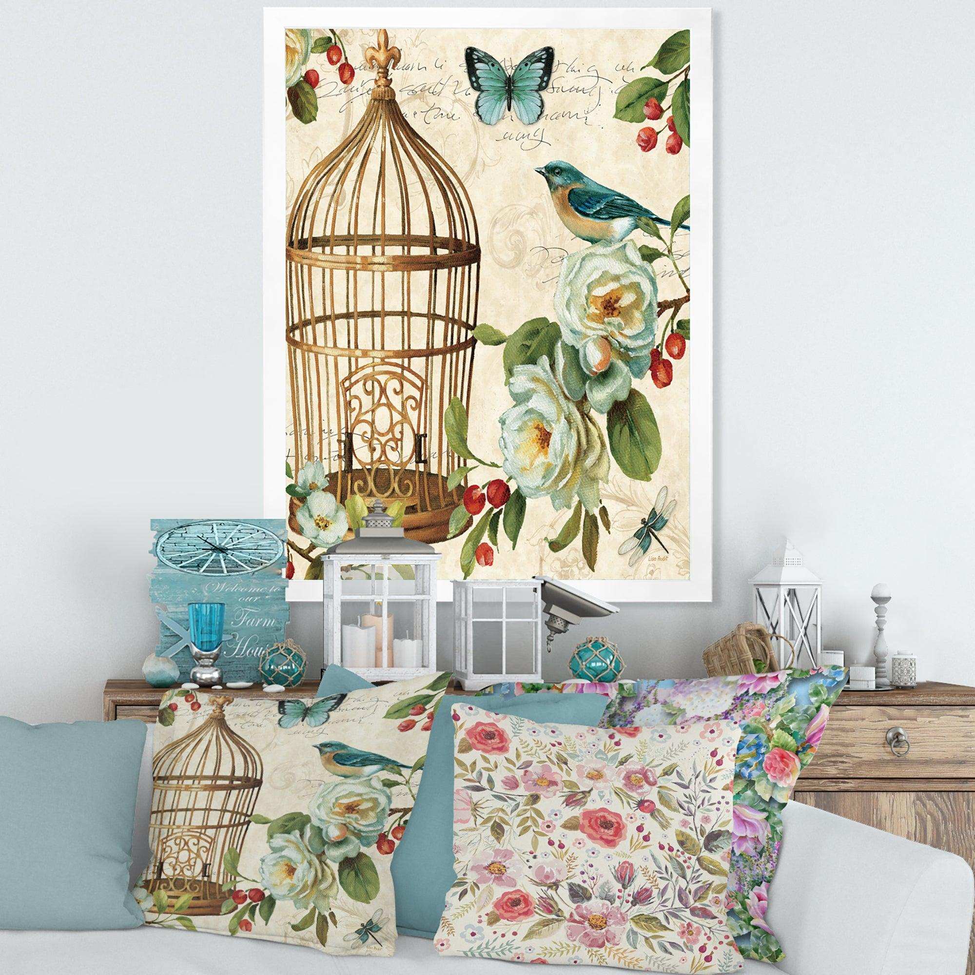 Blue Cottage Bird, Birdcage and Apple Blossoms I