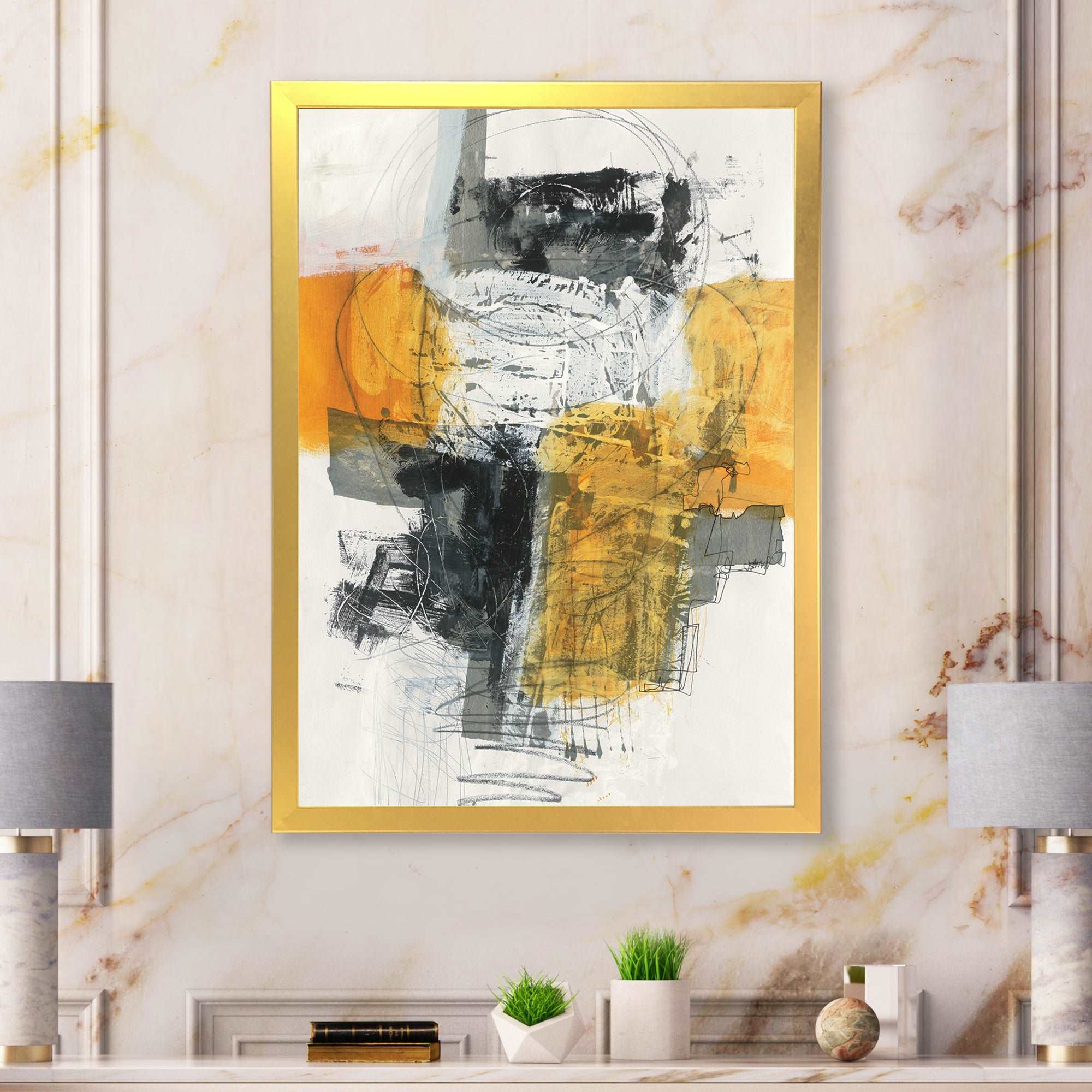 Abstract Composition of Glamorous Yellow and Black Framed Print Vibrant Gold - 1.5 Width