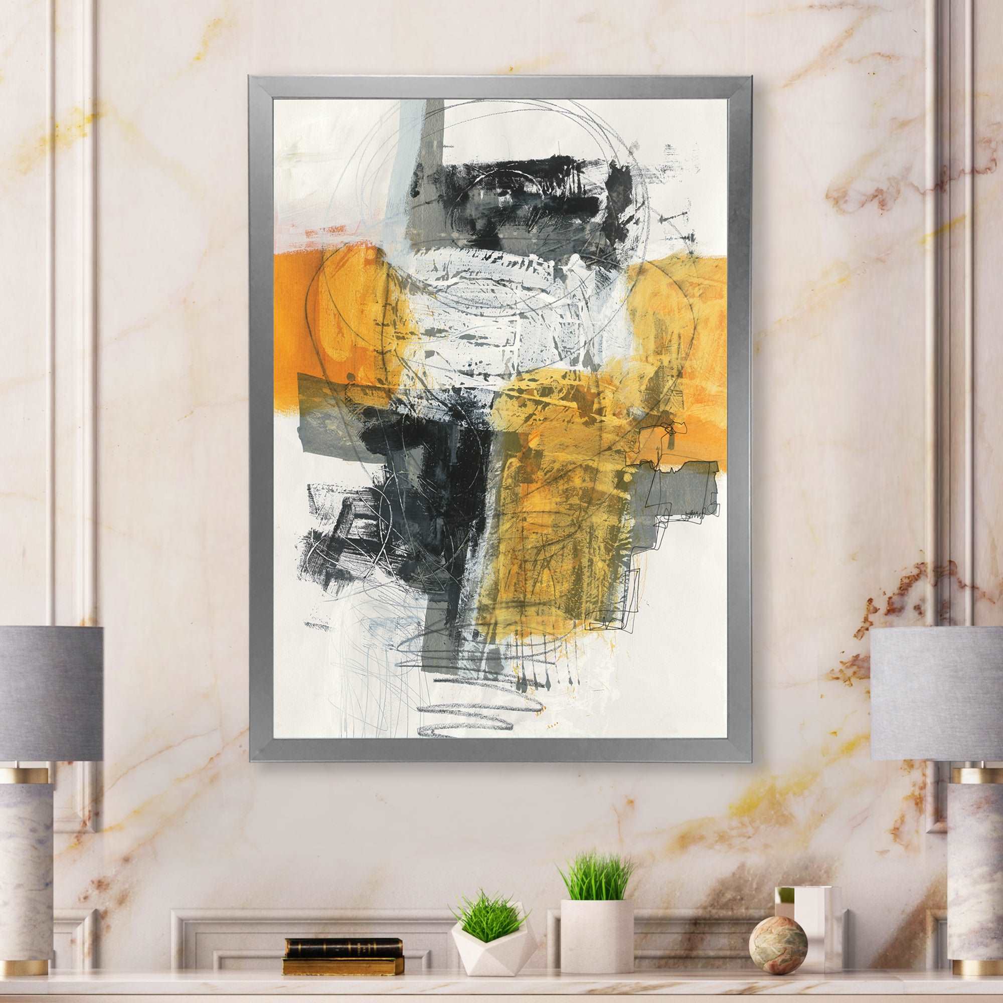 Abstract Composition of Glamorous Yellow and Black Framed Print Matte White - 1.5 Width