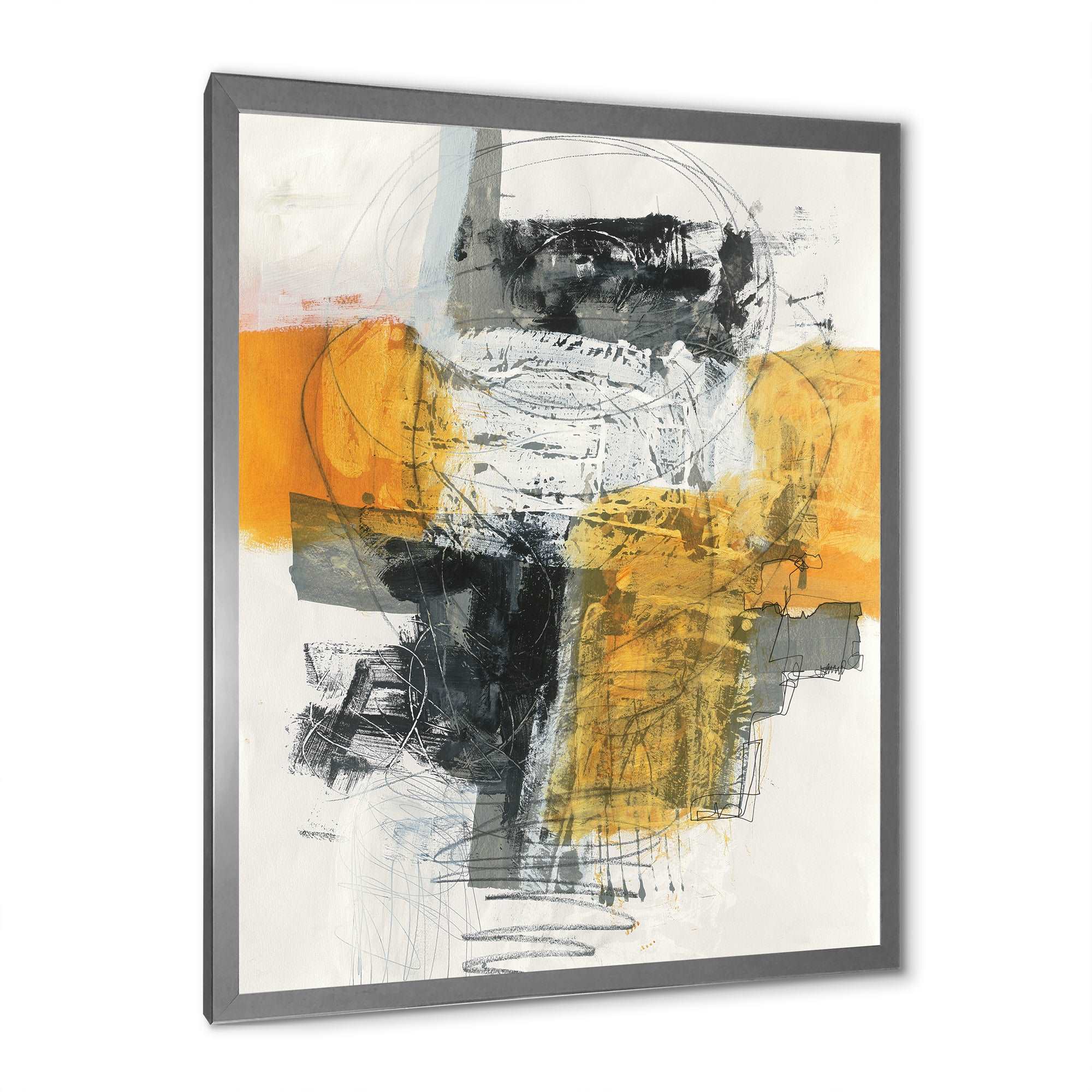 Abstract Composition of Glamorous Yellow and Black Framed Print Matte White - 1.5 Width