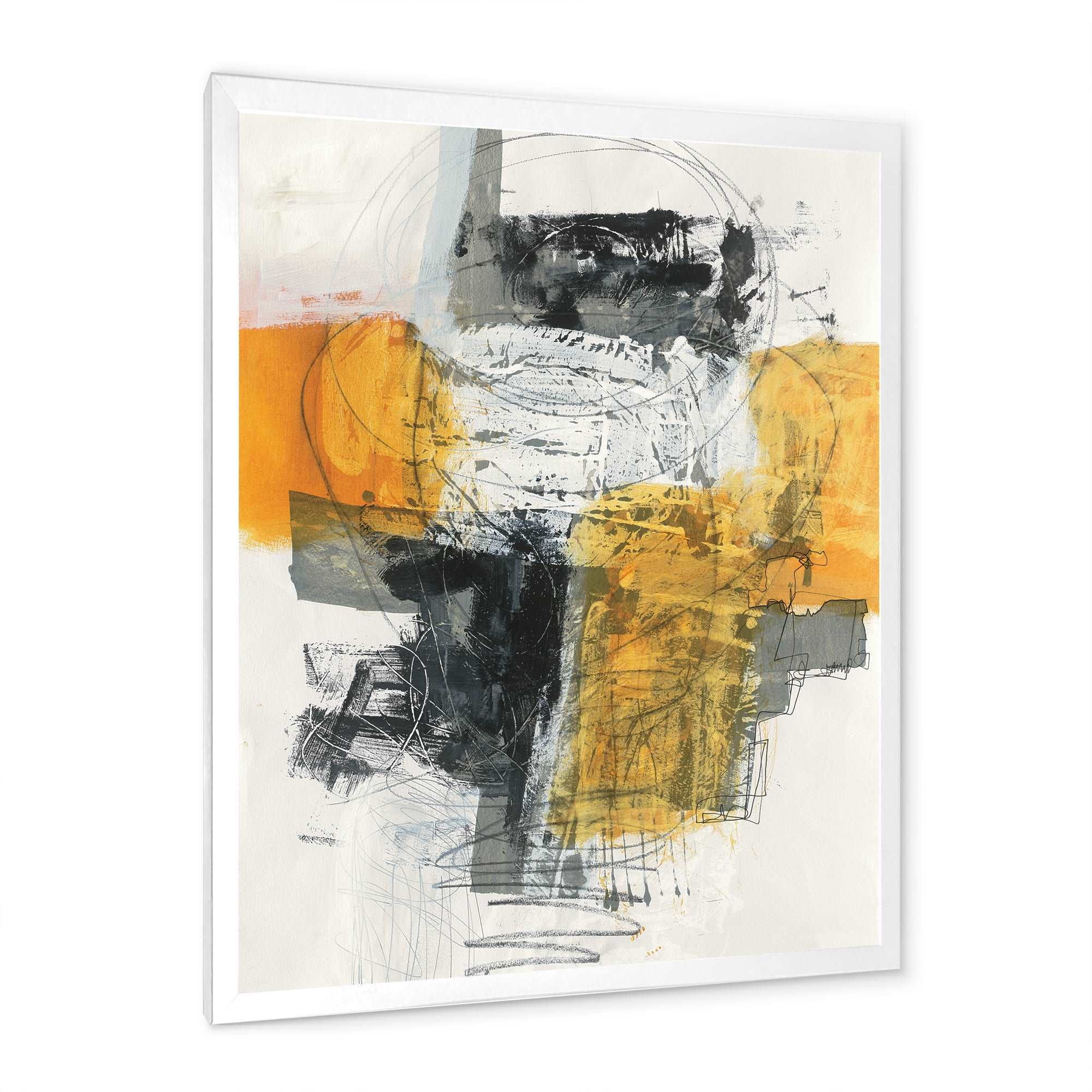 Abstract Composition of Glamorous Yellow and Black Framed Print Matte White - 1.5 Width