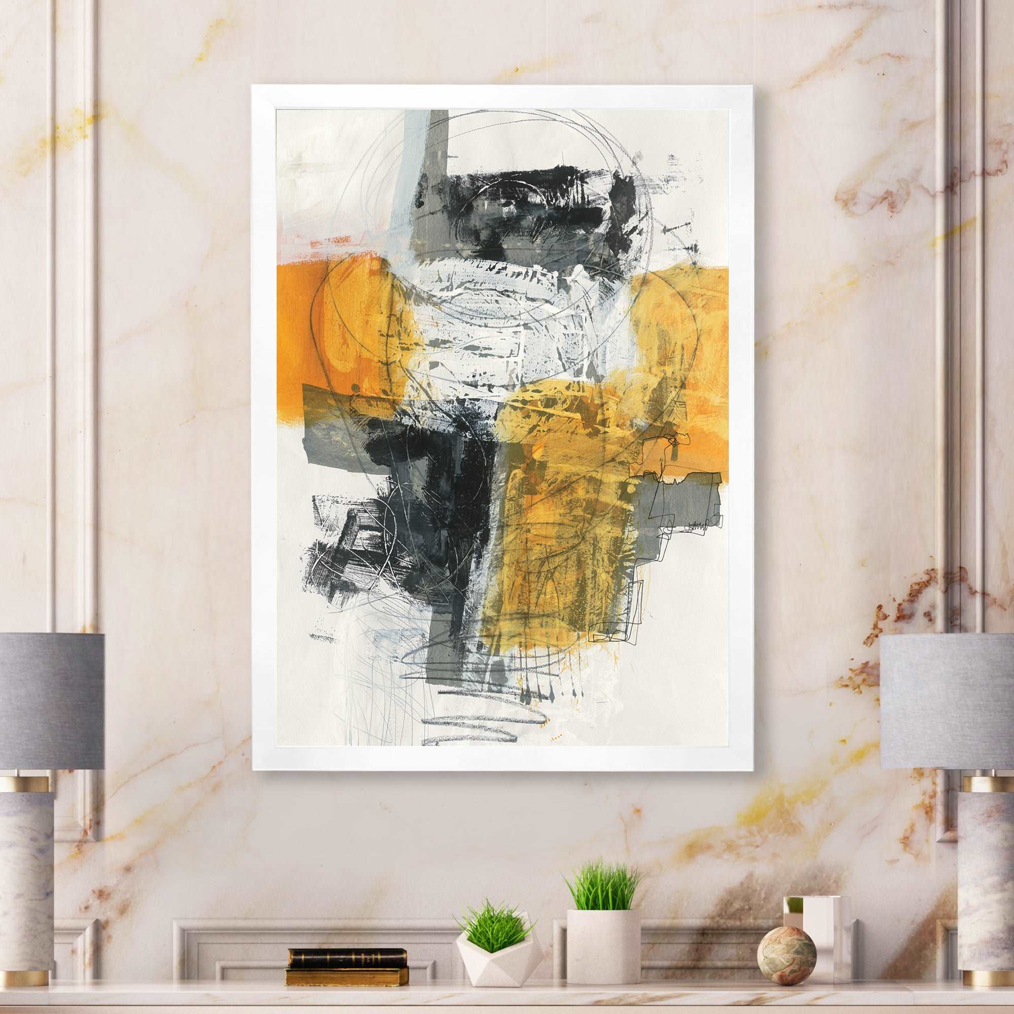 Abstract Composition of Glamorous Yellow and Black Framed Print Matte White - 1.5 Width