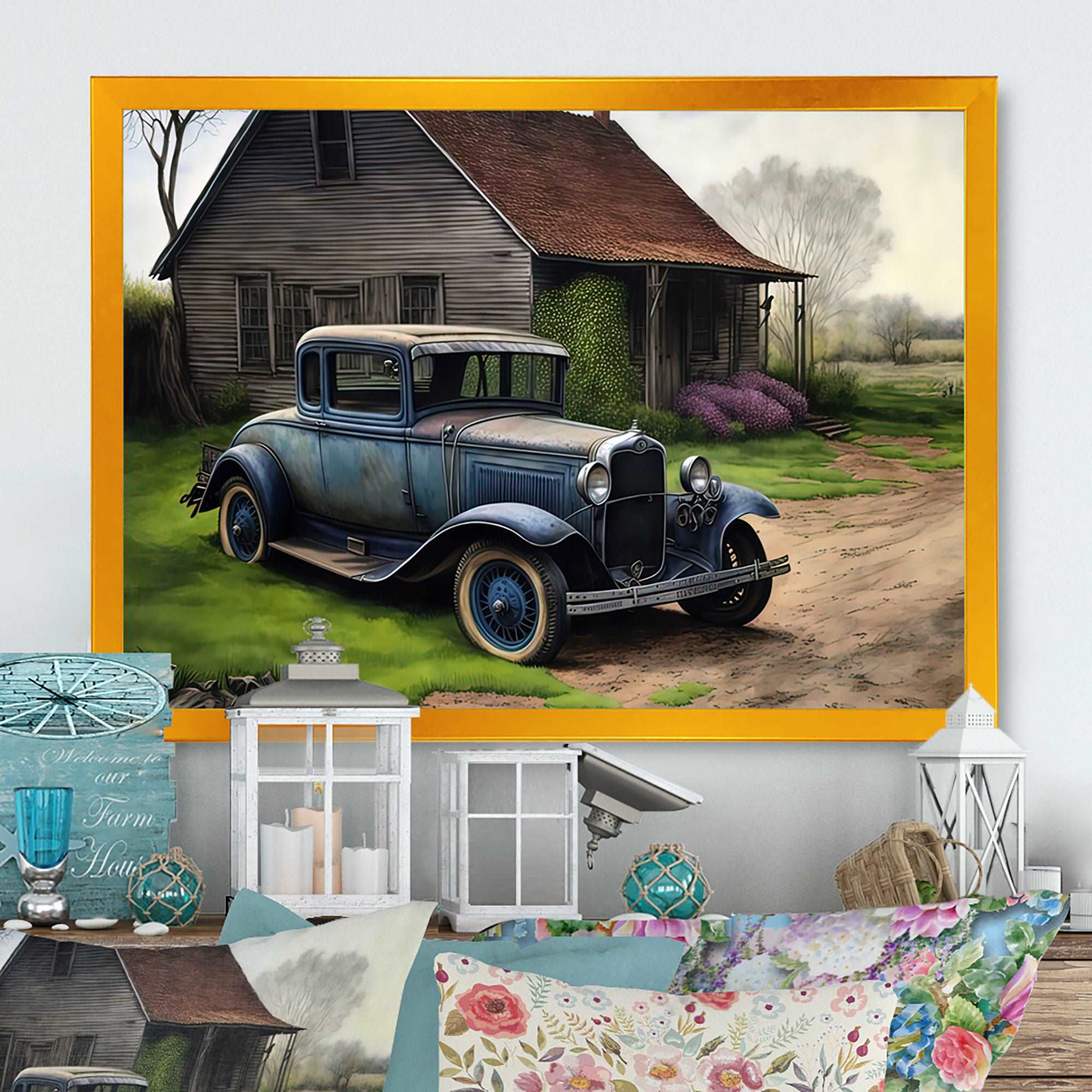 30S Ford Car In Barn V Framed Canvas Vibrant Black - 1.5Thick