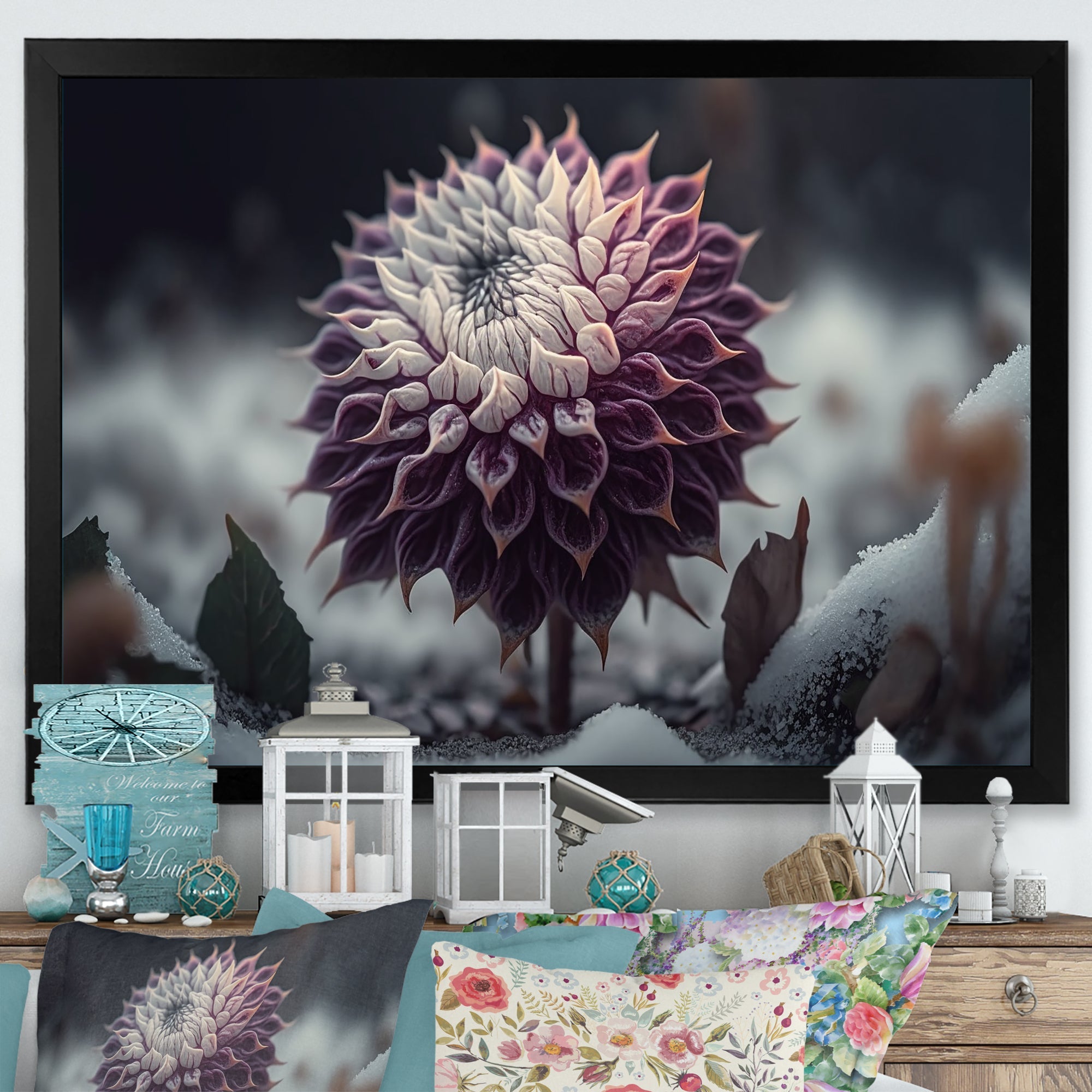 A Blooming Purple Dahlia Flower In Winter III Framed Print Vibrant Gold - 1.5Width