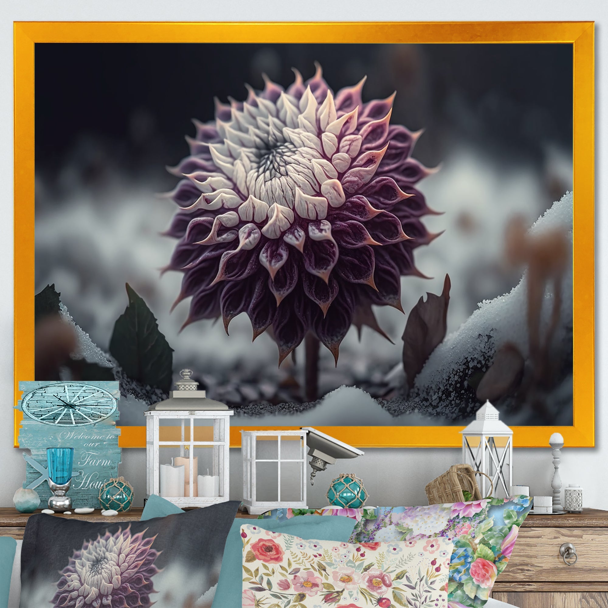 A Blooming Purple Dahlia Flower In Winter III Framed Canvas Vibrant Black - 1.5Thick