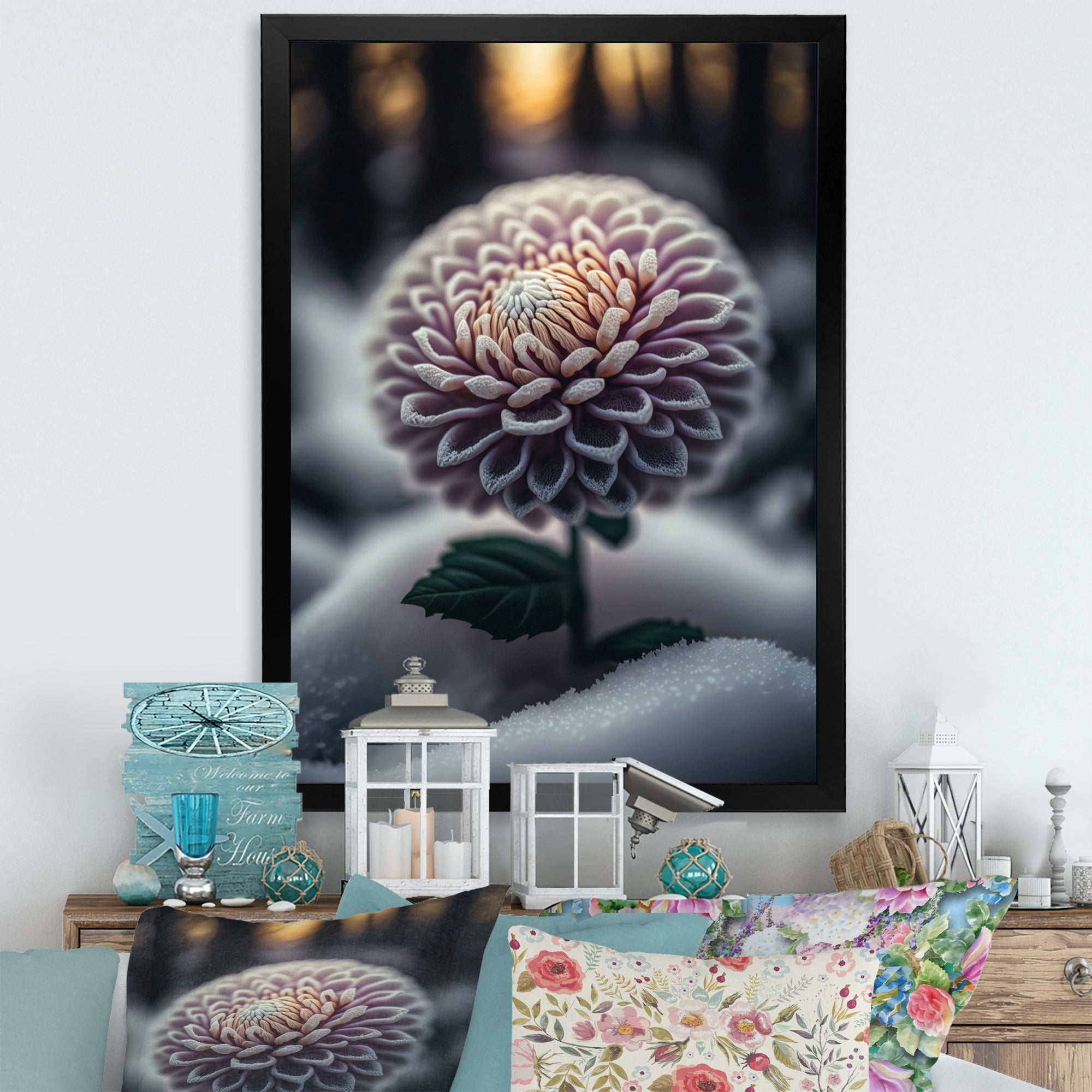 A Blooming Purple Dahlia Flower In Winter V Framed Print Vibrant Gold - 1.5Width