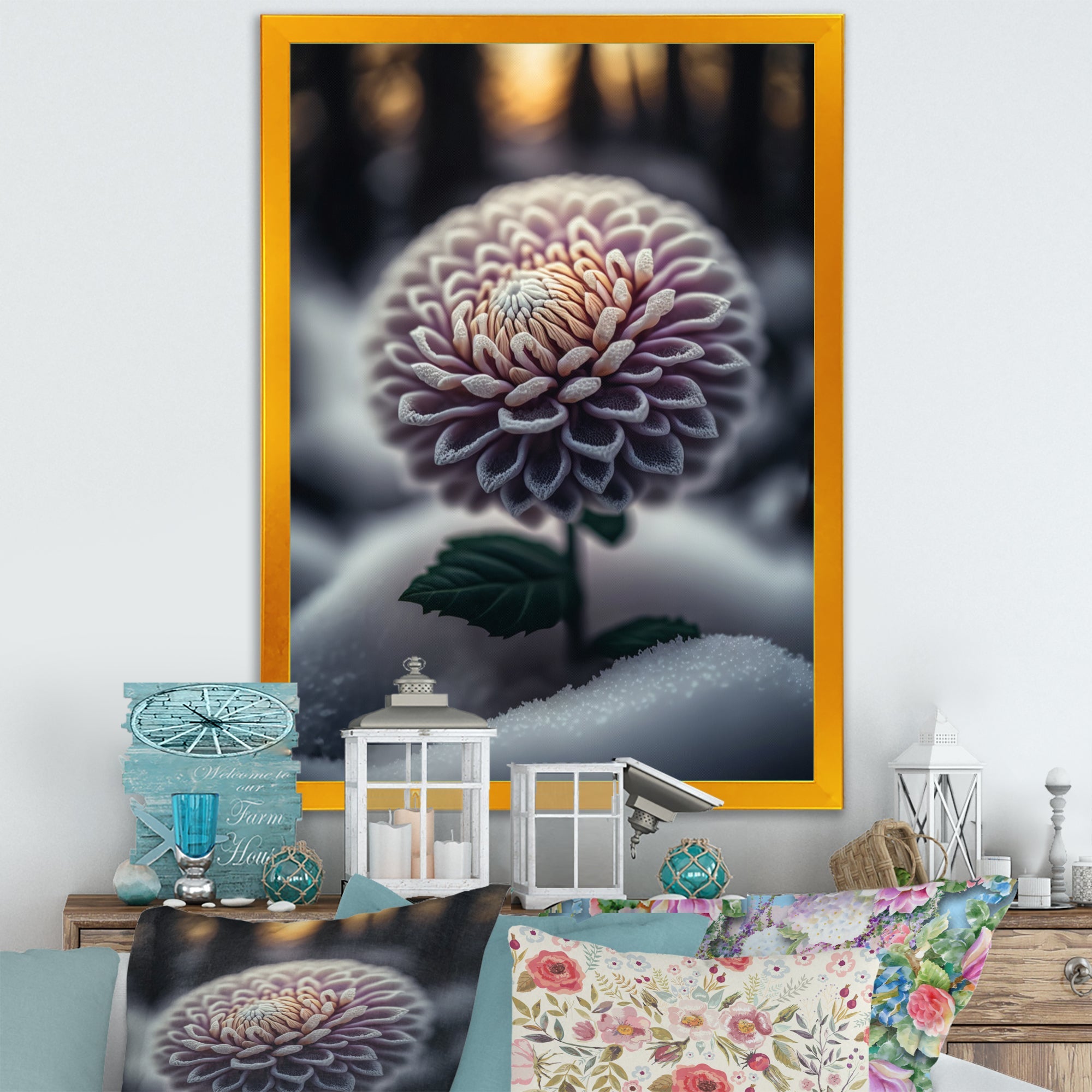 A Blooming Purple Dahlia Flower In Winter V Framed Canvas Vibrant Black - 1.5Thick