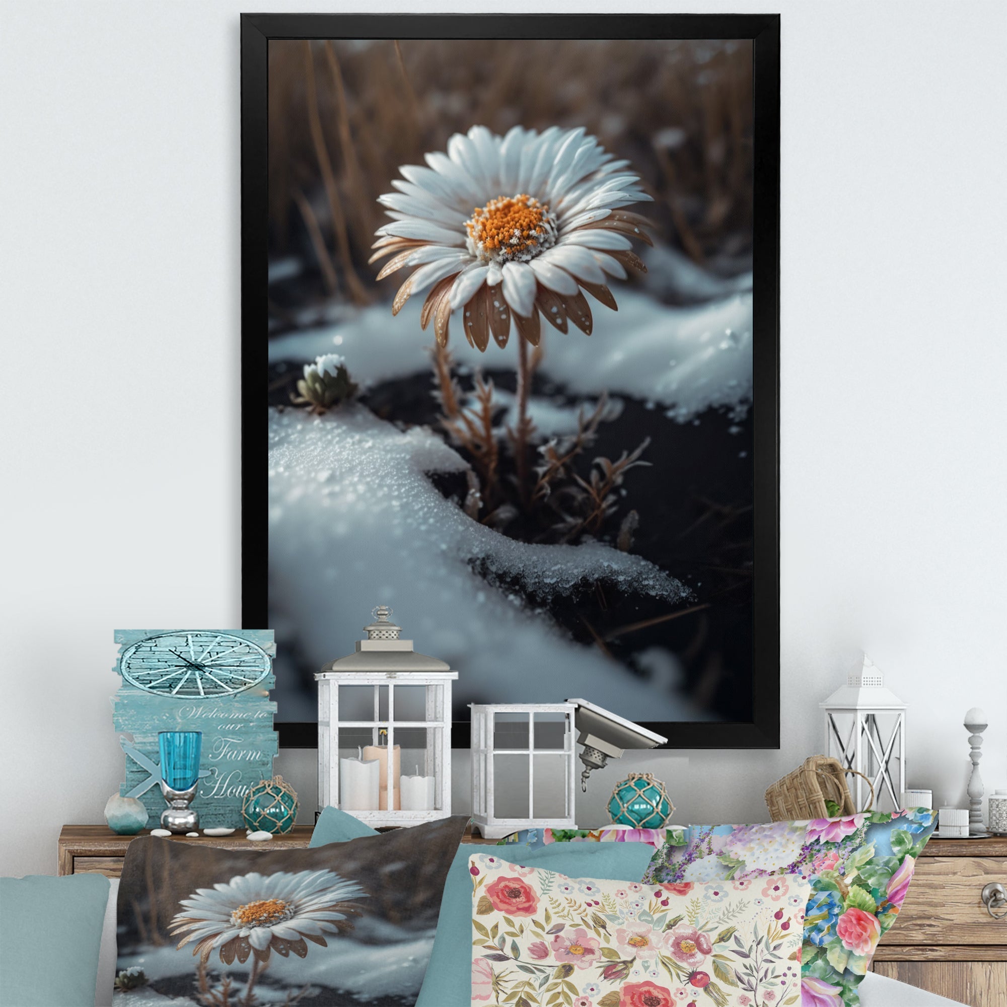 A Blooming White Daisy Flower In Winter Framed Print Vibrant Gold - 1.5Width