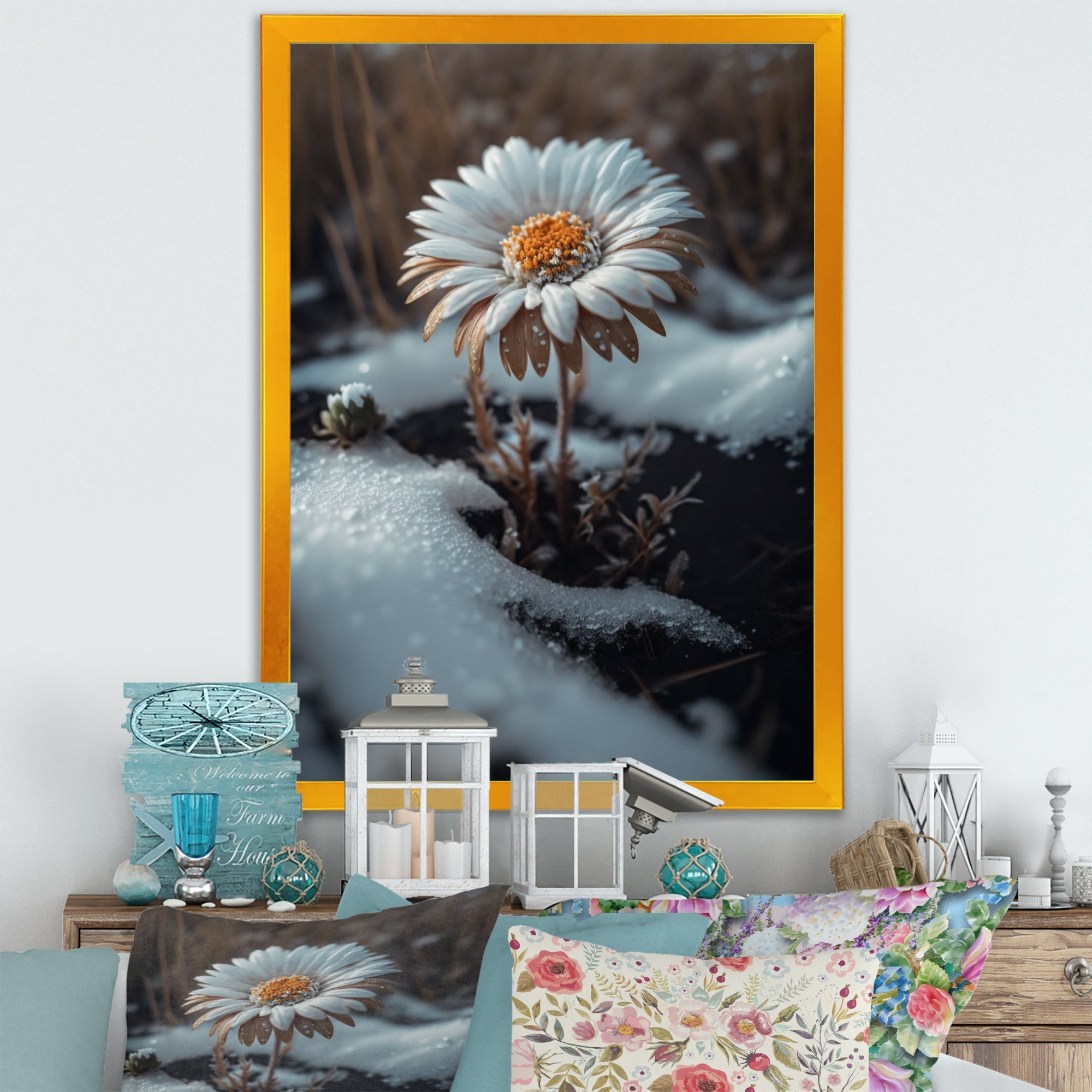 A Blooming White Daisy Flower In Winter Framed Canvas Vibrant Black - 1.5Thick