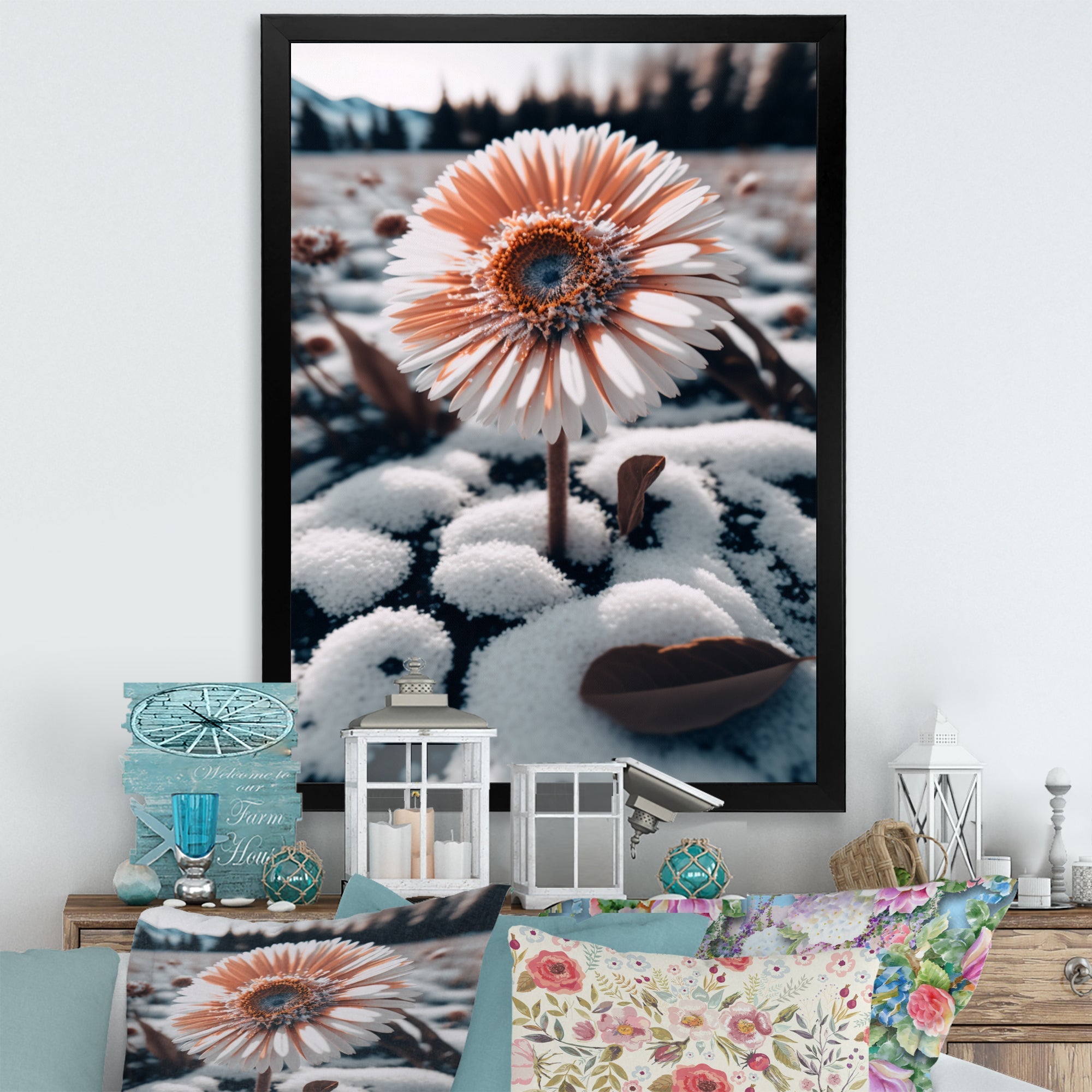 A Blooming White Gerbera Flower In Winter Framed Print Vibrant Gold - 1.5Width