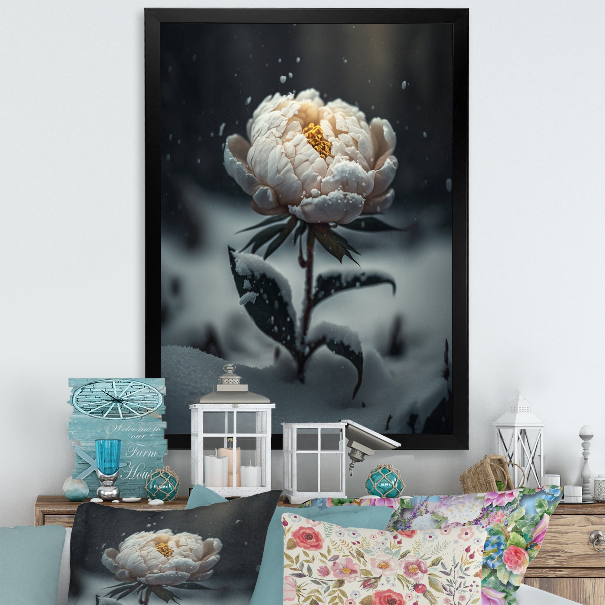 A Blooming White Peony Flower In Winter II Framed Print Vibrant Gold - 1.5Width