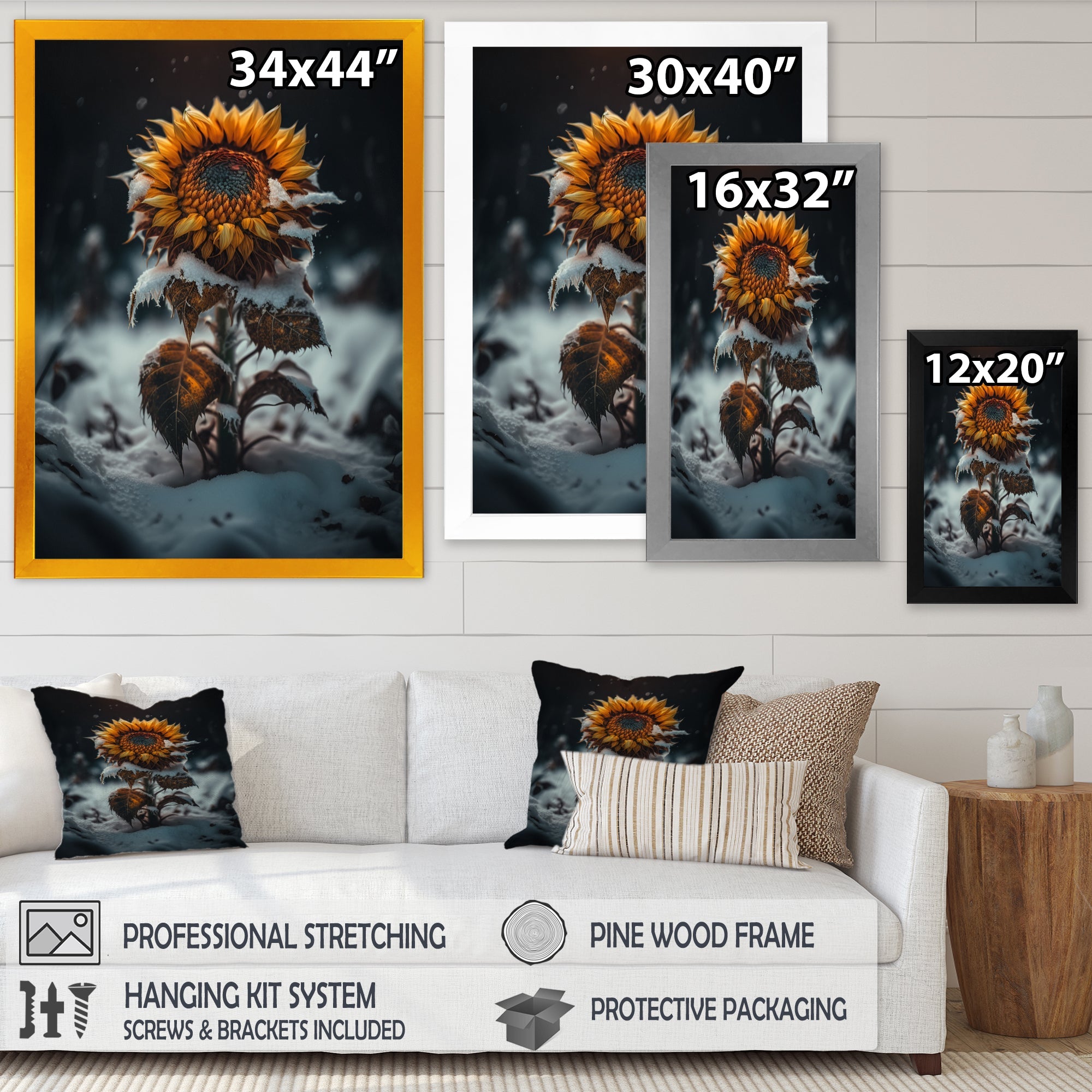 A Blooming Yellow And Orange Sunflower Winter I Framed Print Vibrant Gold - 1.5Width