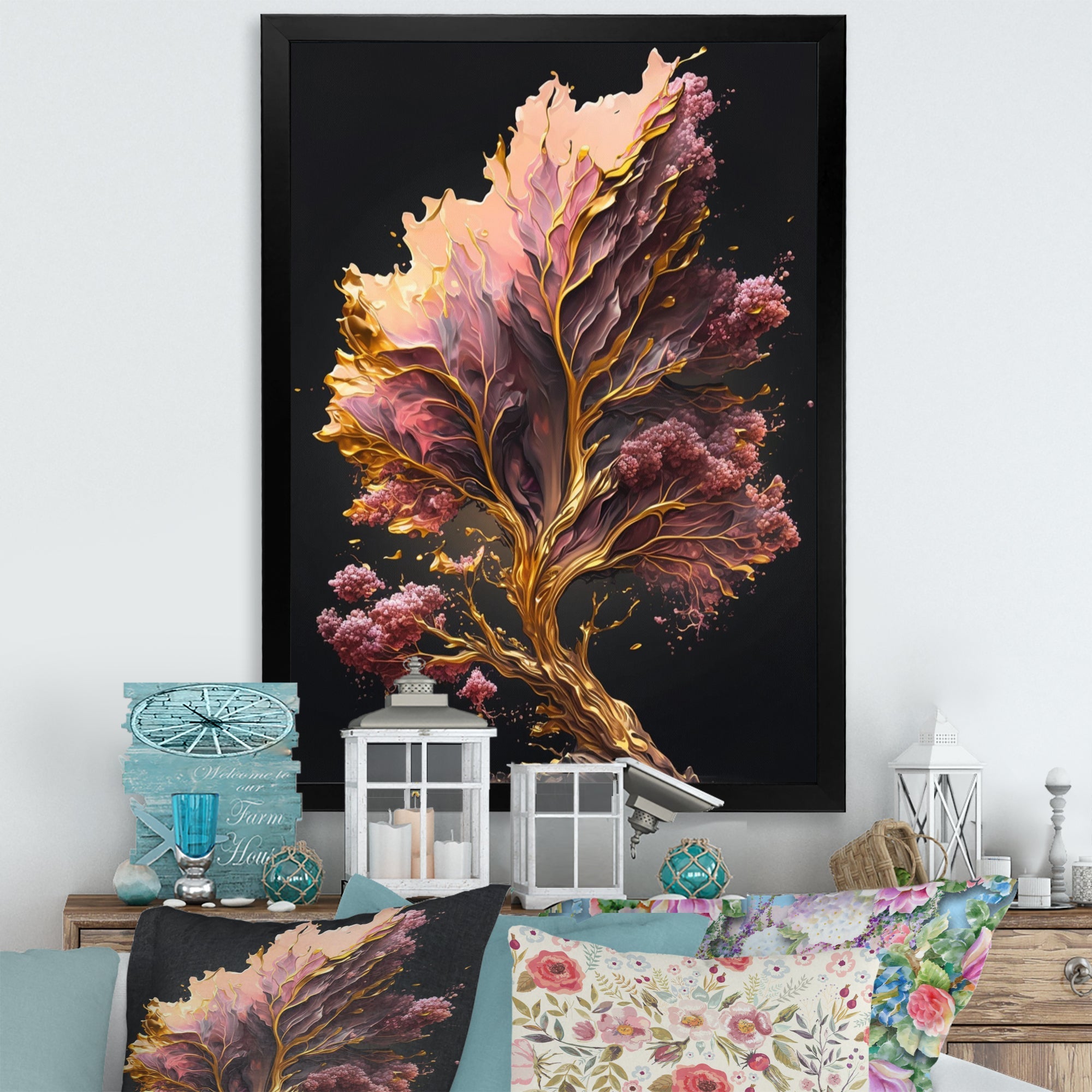 Abstract Pink And Gold Leaves II Framed Print Vibrant Gold - 1.5Width