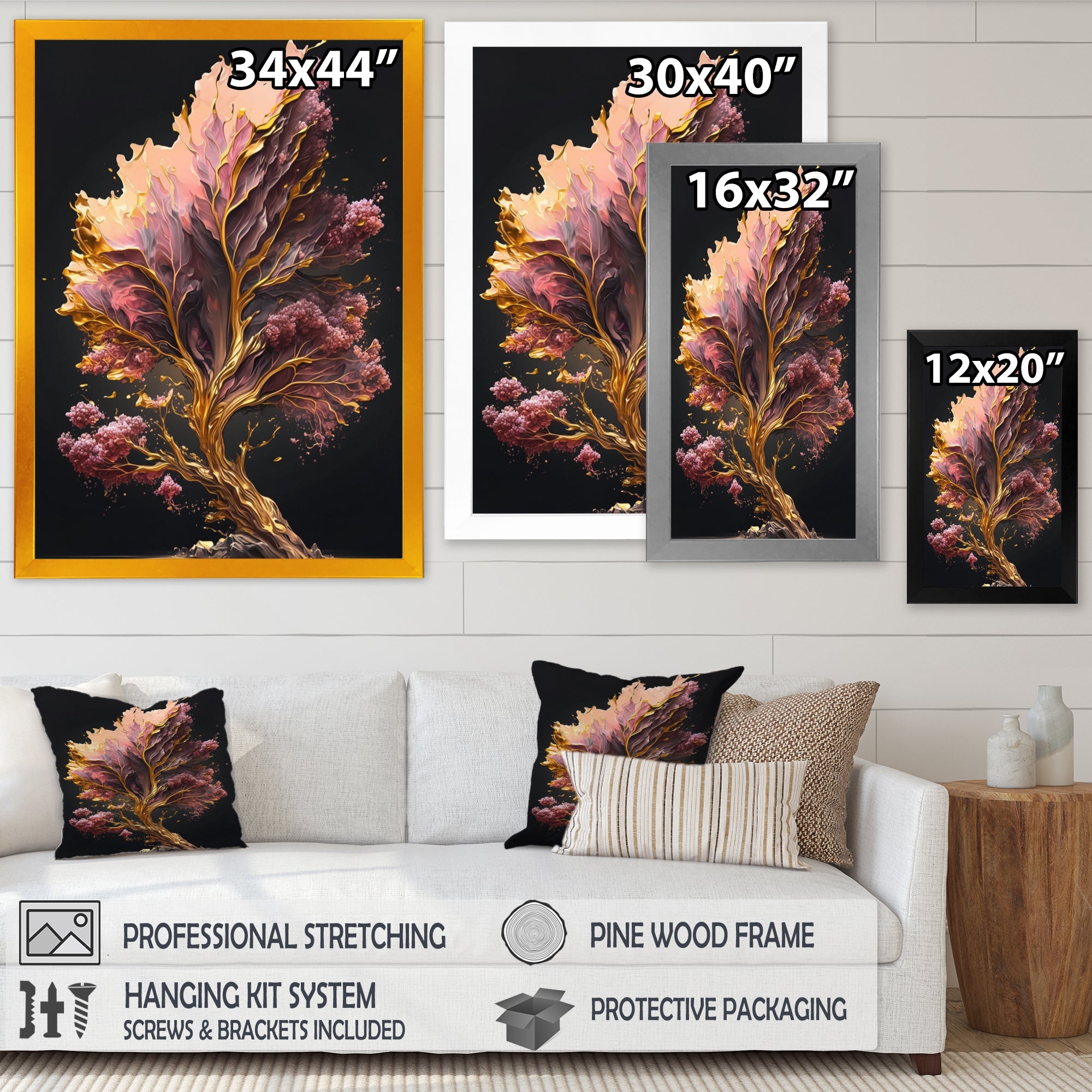 Abstract Pink And Gold Leaves II Framed Print Vibrant Black - 1.5Width