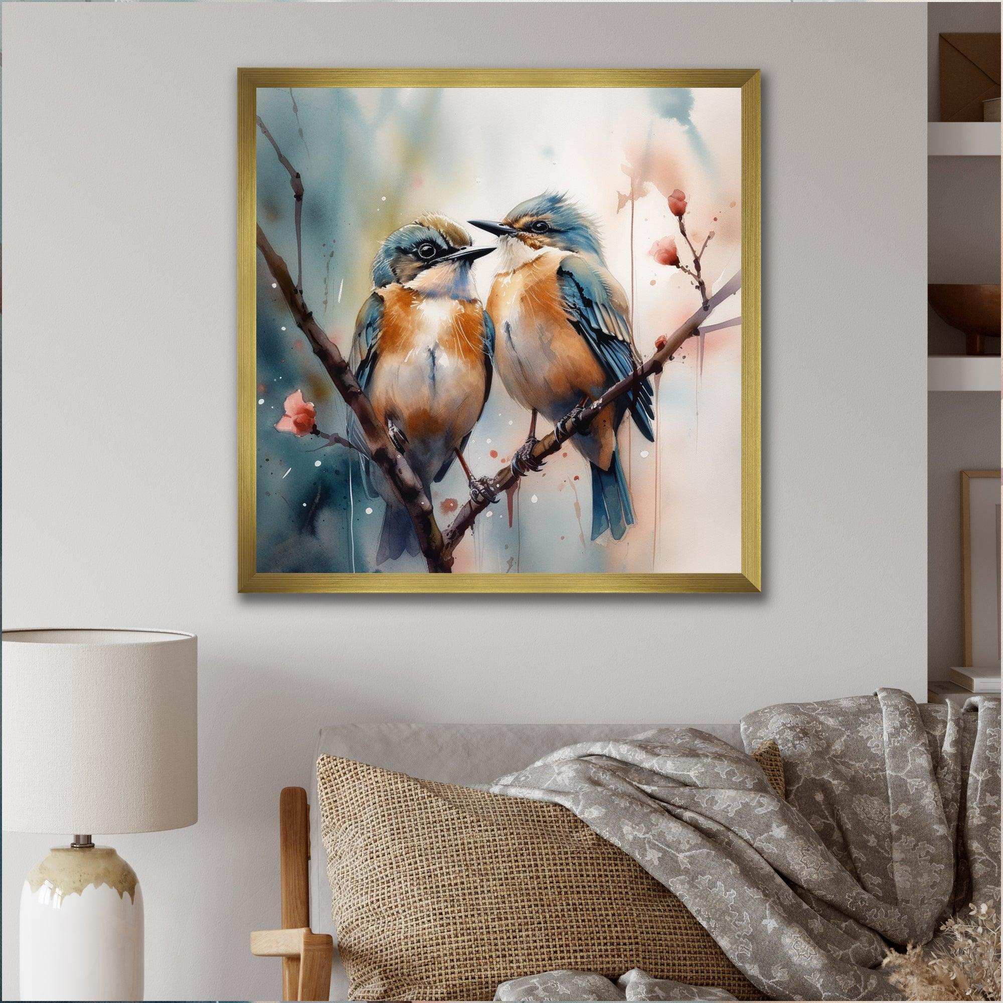 Blue Birds Sitting On Tree Branch III - Animals Canvas Wall Art