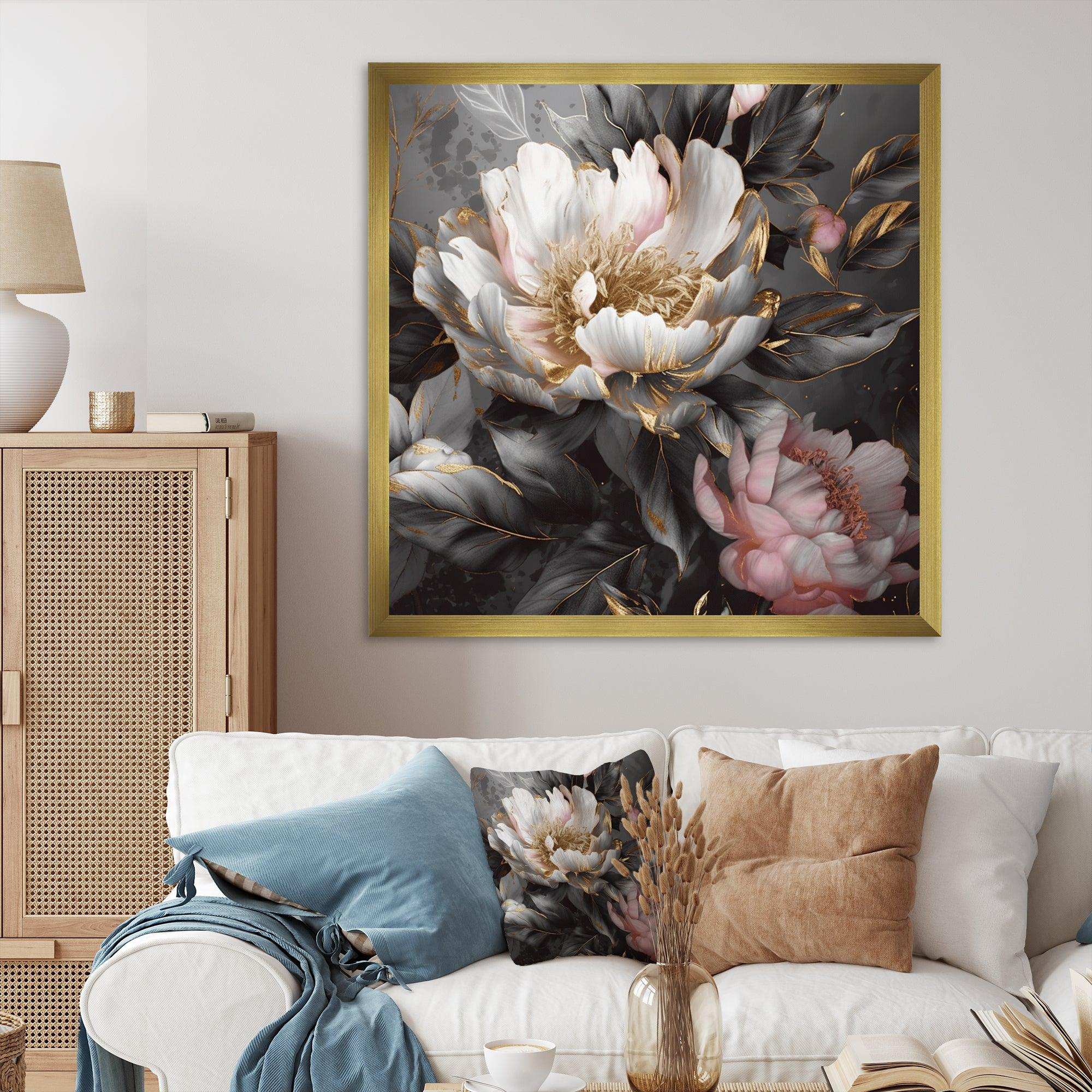 Pink Grey Peonies Blooming II - Floral Canvas Wall Art