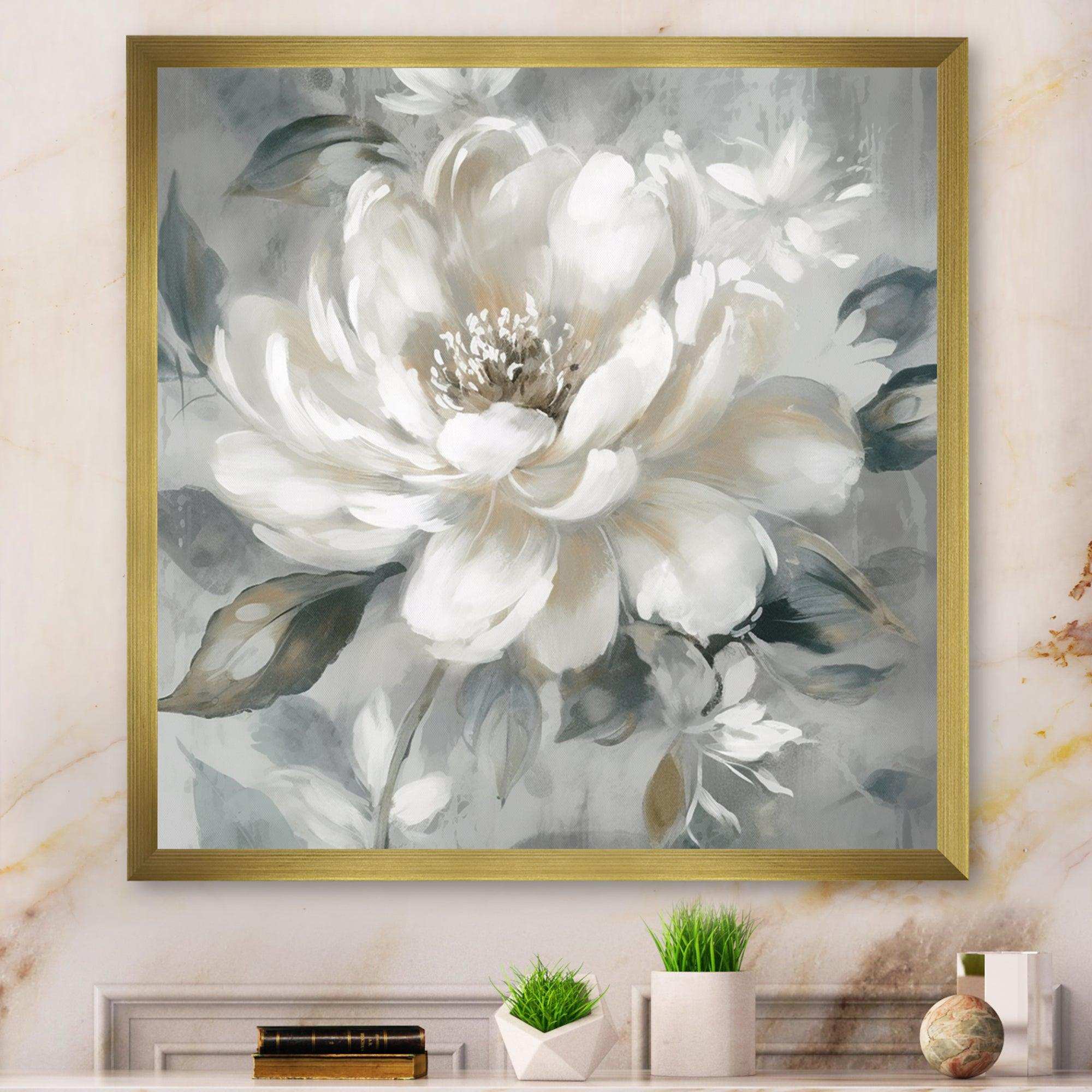White Grey Peony Blooms In Motion I - Floral Canvas Wall Art